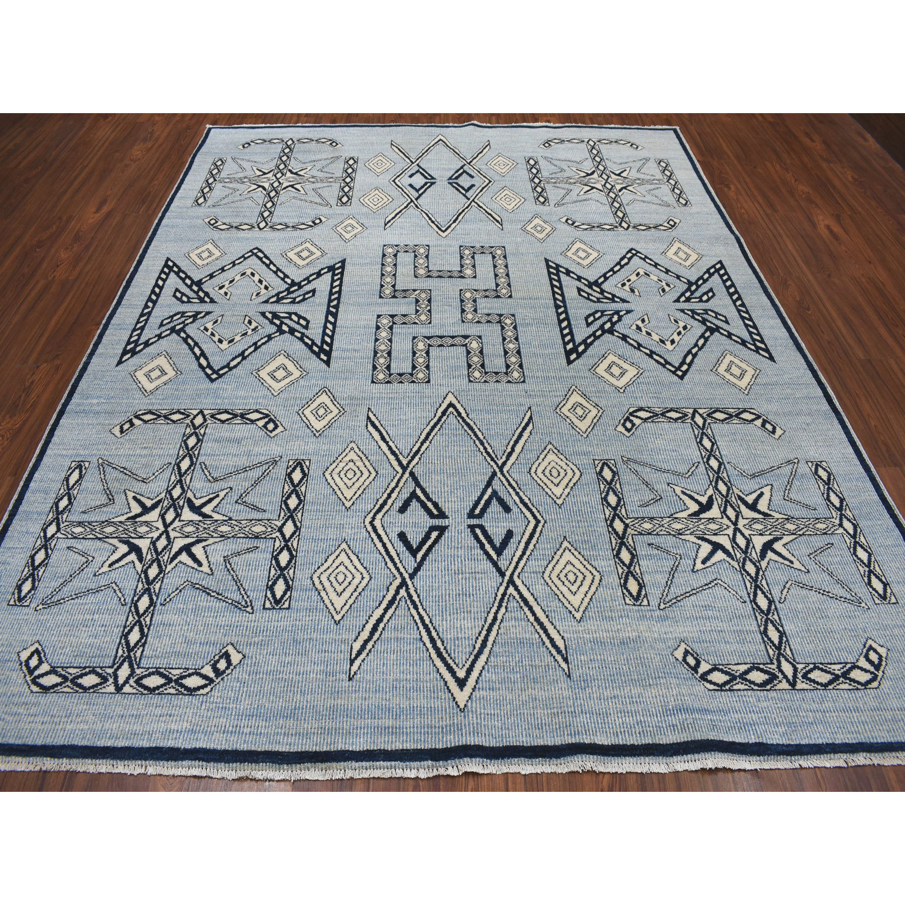 7-9 x9-6  Blue Peshawar South West Motifs Pure Wool Hand-Knotted Oriental Rug 