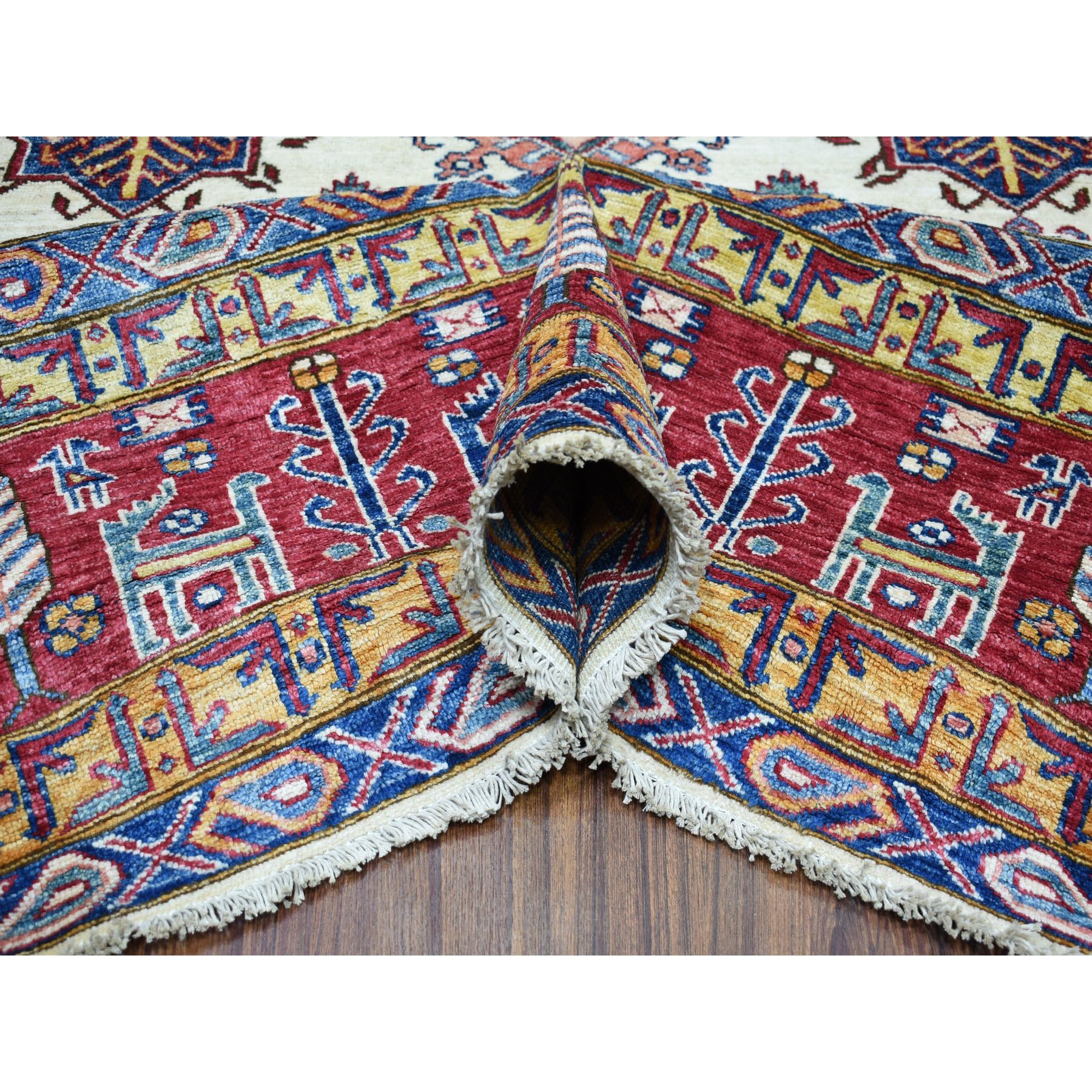 8-8 x12-4  Ivory Super Kazak Pure Wool Geometric Design Hand-Knotted Oriental Rug 