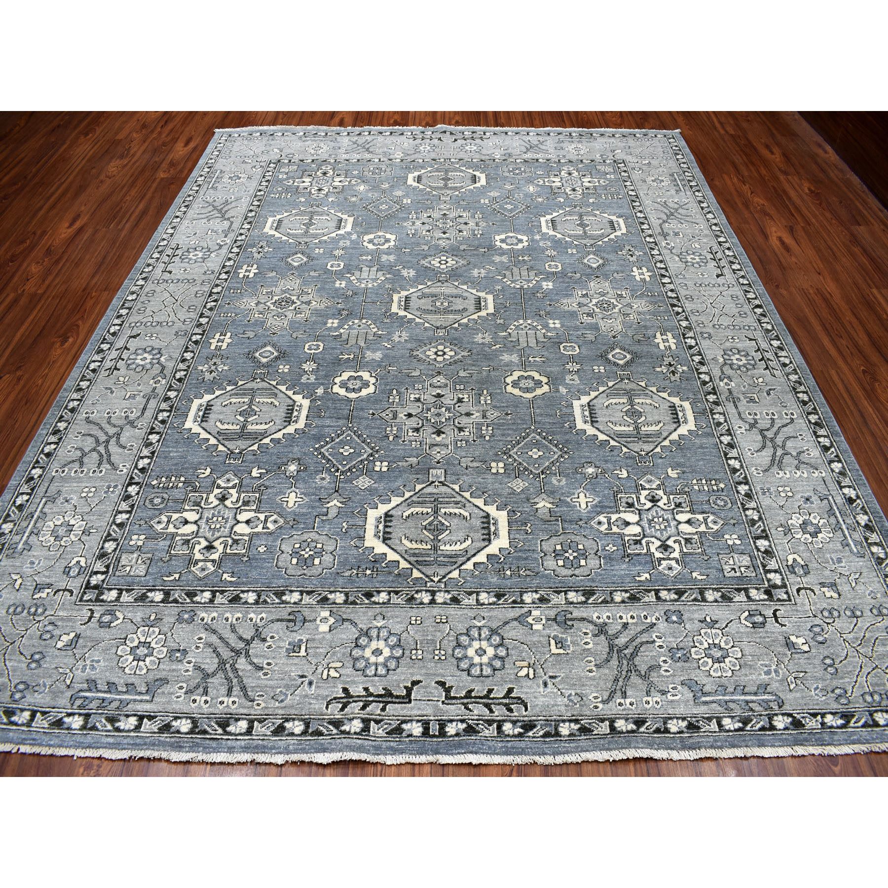 8-1 x9-10  Gray Pure Wool Hand-Knotted Peshawar With Karajeh Design Oriental Rug 