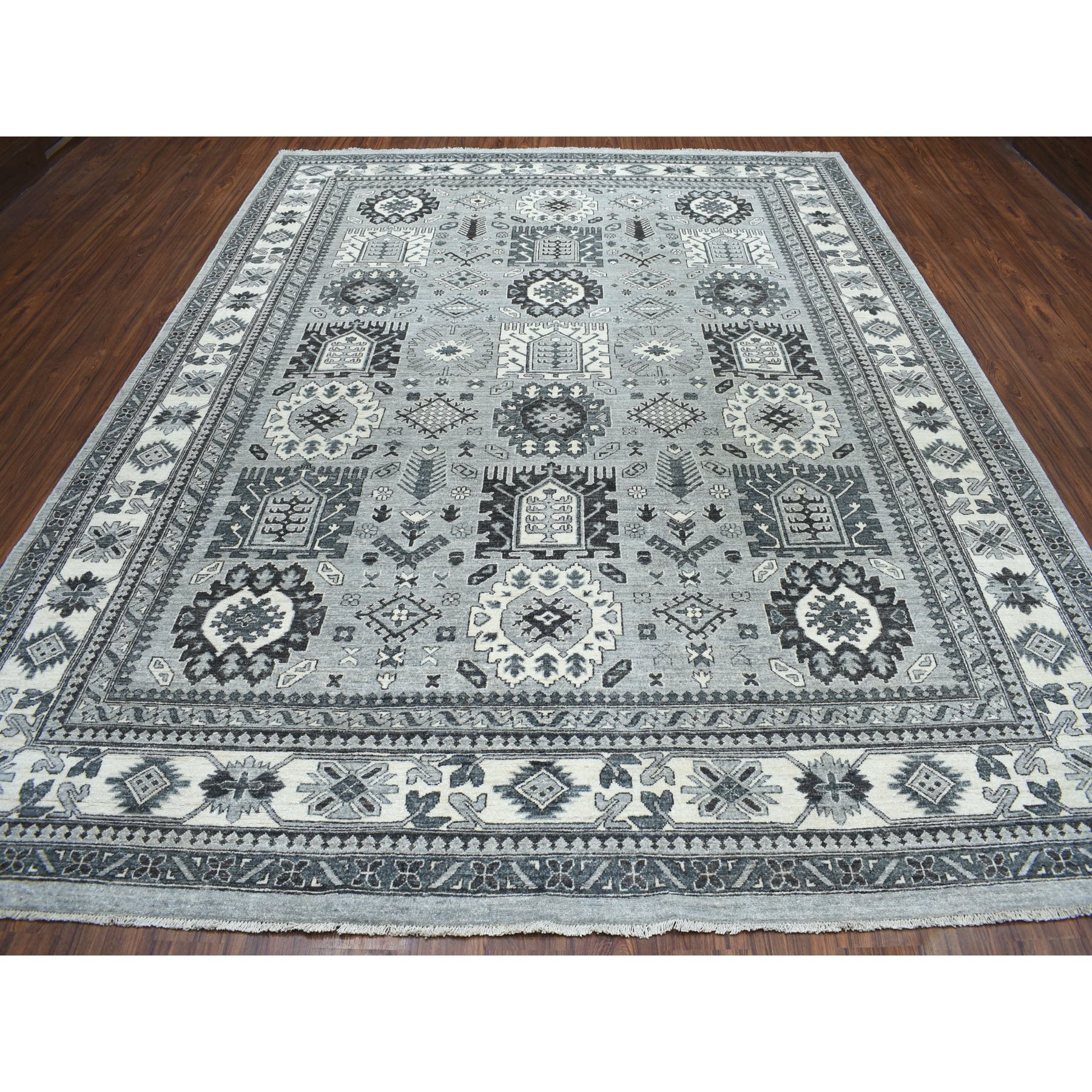 9-3 x11-10  Gray Pure Wool Hand-Knotted Peshawar With Karajeh Design Oriental Rug 
