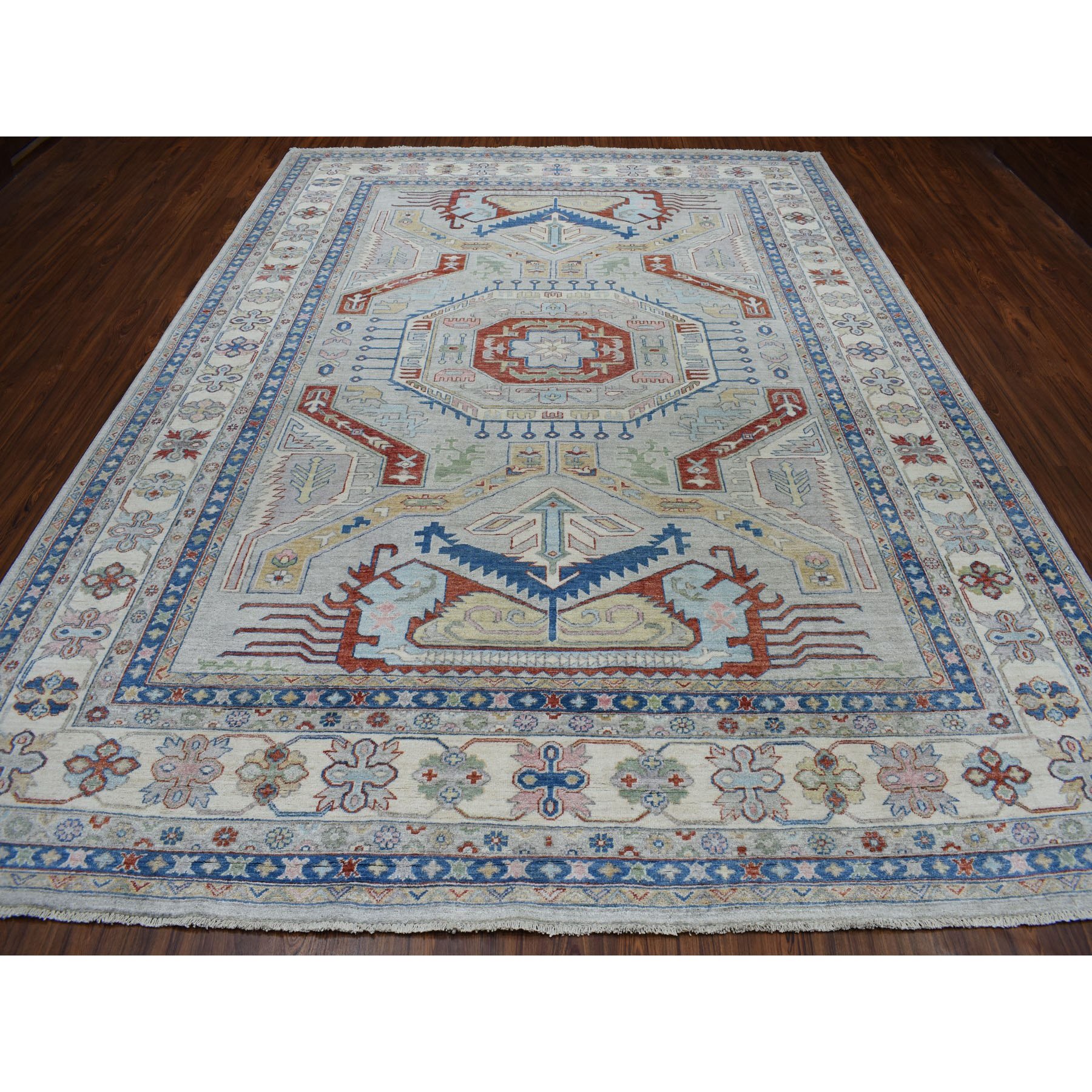 8-10 x12- Super Kazak With Gray Color Pure Wool Hand-Knotted Oriental Rug 