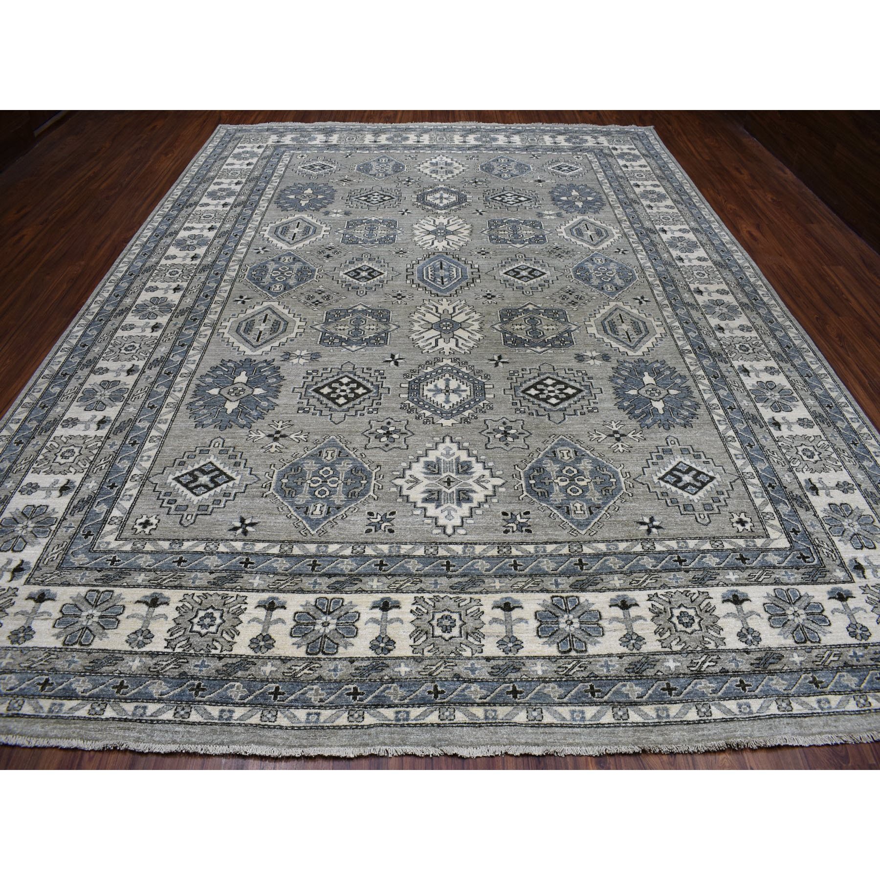 10-1 x13-8  Gray Pure Wool Hand-Knotted Peshawar With Karajeh Design Oriental Rug 