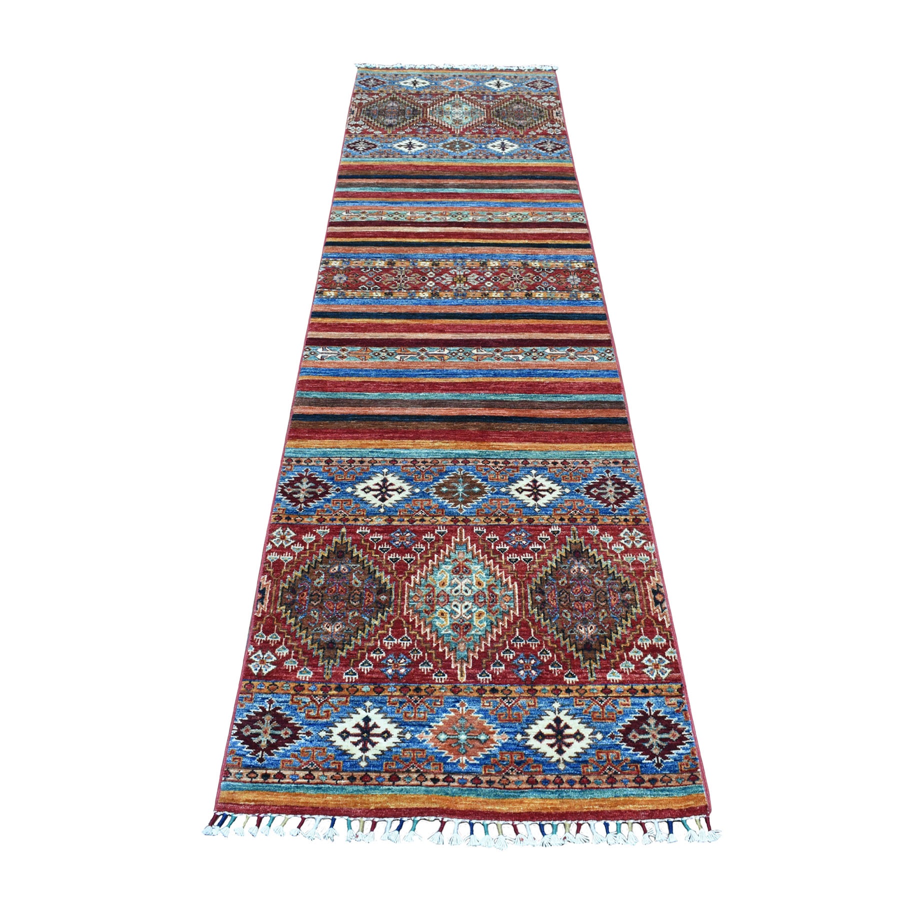 2'6"x9'8" Super Kazak Colorful Khorjin Design Pure Wool Hand Knotted Runner Oriental Rug