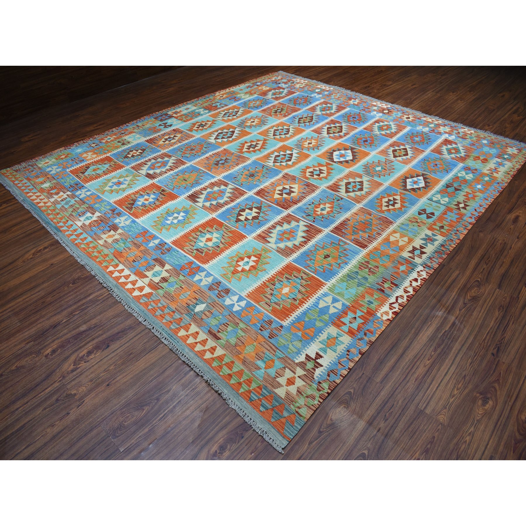 10'3"x11'3" Colorful Afghan Kilim Pure Wool Hand Woven Oriental Rug