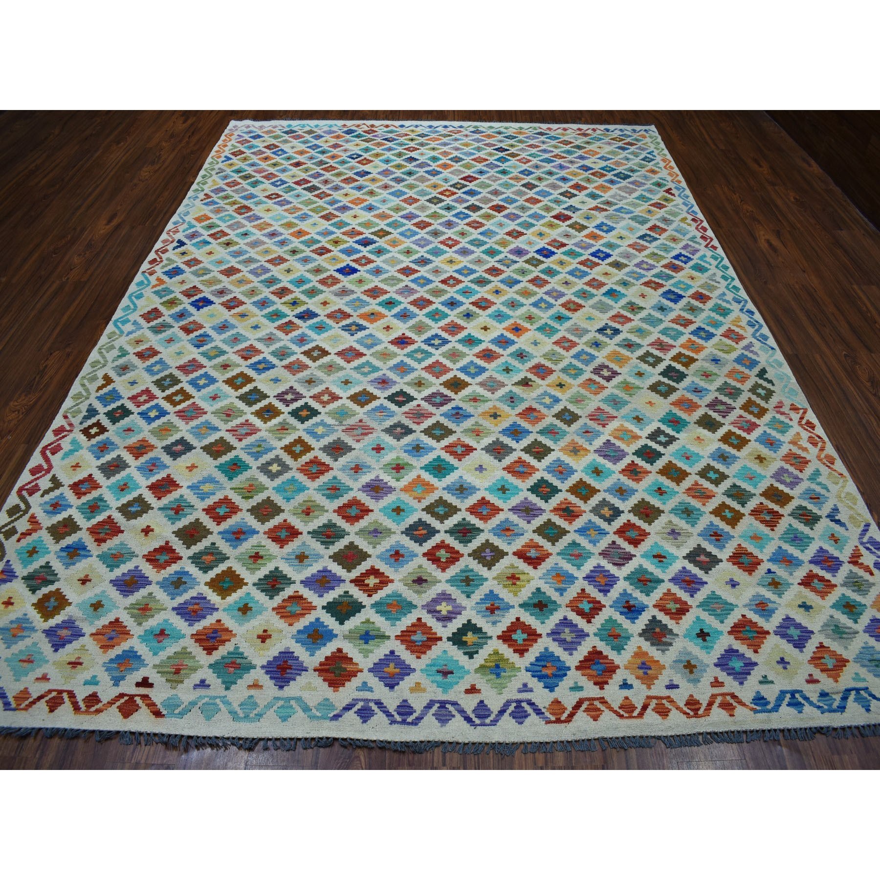 8'3"x11'5" Colorful Afghan Kilim Pure Wool Hand Woven Oriental Rug