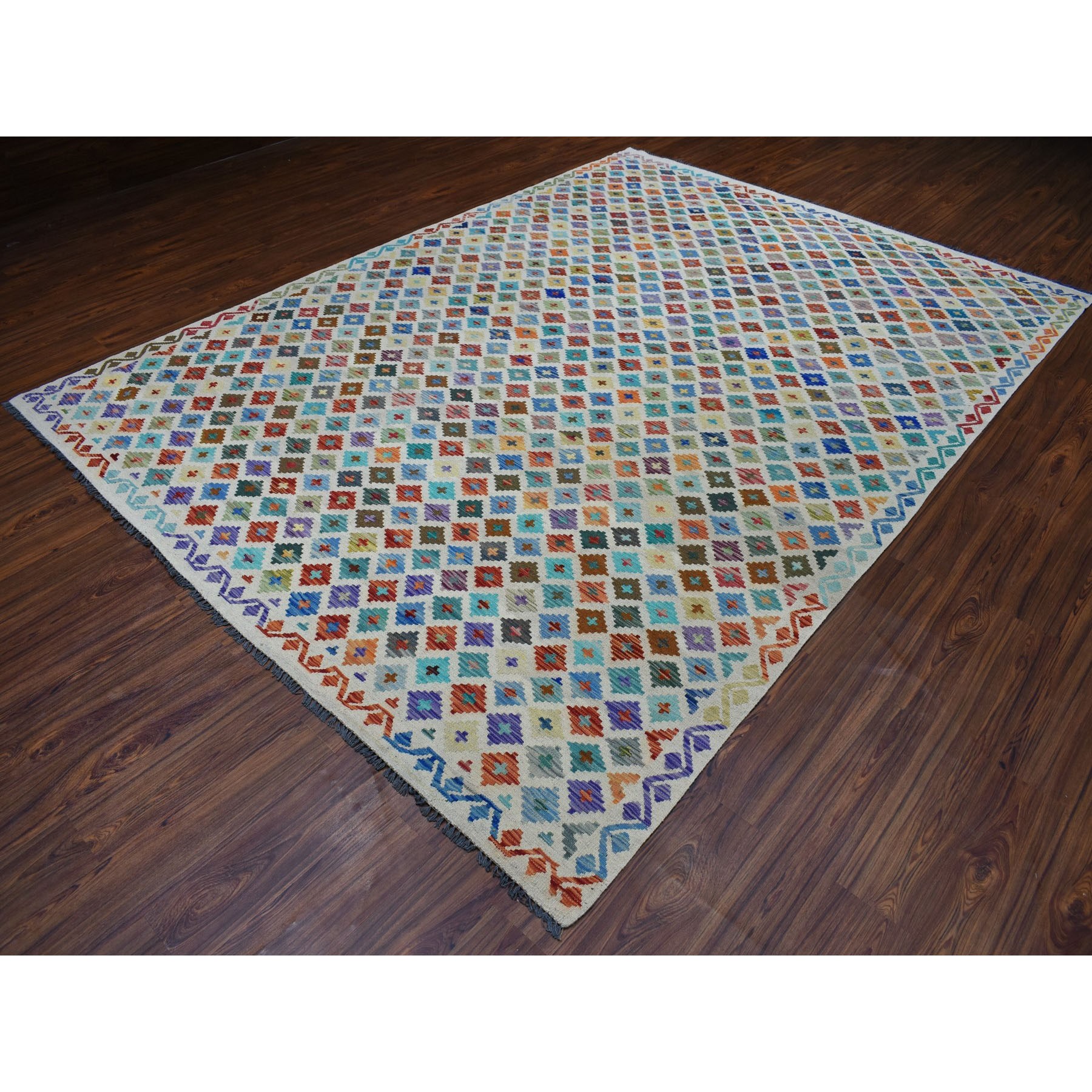 8'3"x11'5" Colorful Afghan Kilim Pure Wool Hand Woven Oriental Rug