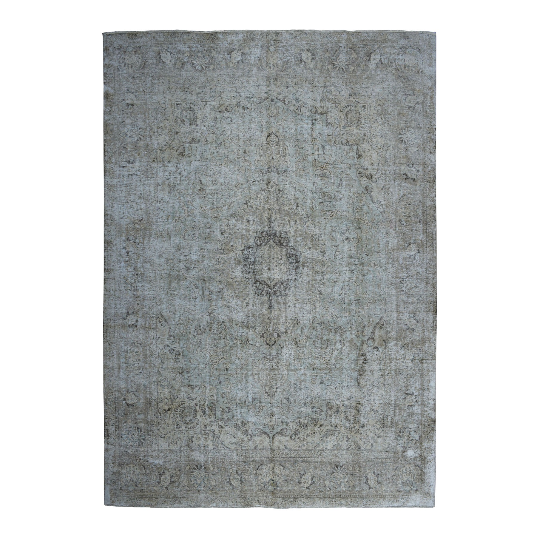 9'8"x13' Gray Vintage Persian Tabriz Worn Pile Hand Knotted Oriental Rug