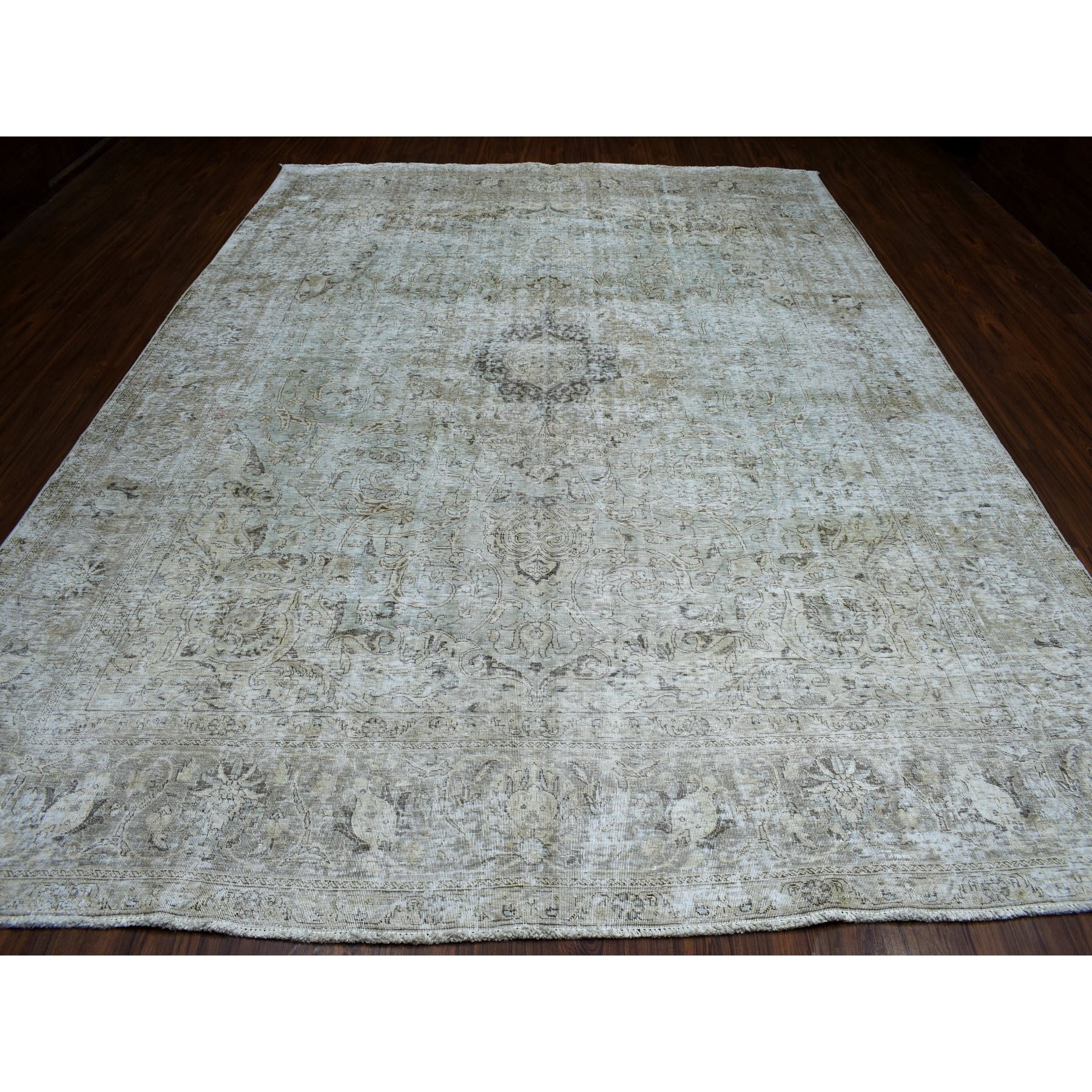 9'8"x13' Gray Vintage Persian Tabriz Worn Pile Hand Knotted Oriental Rug