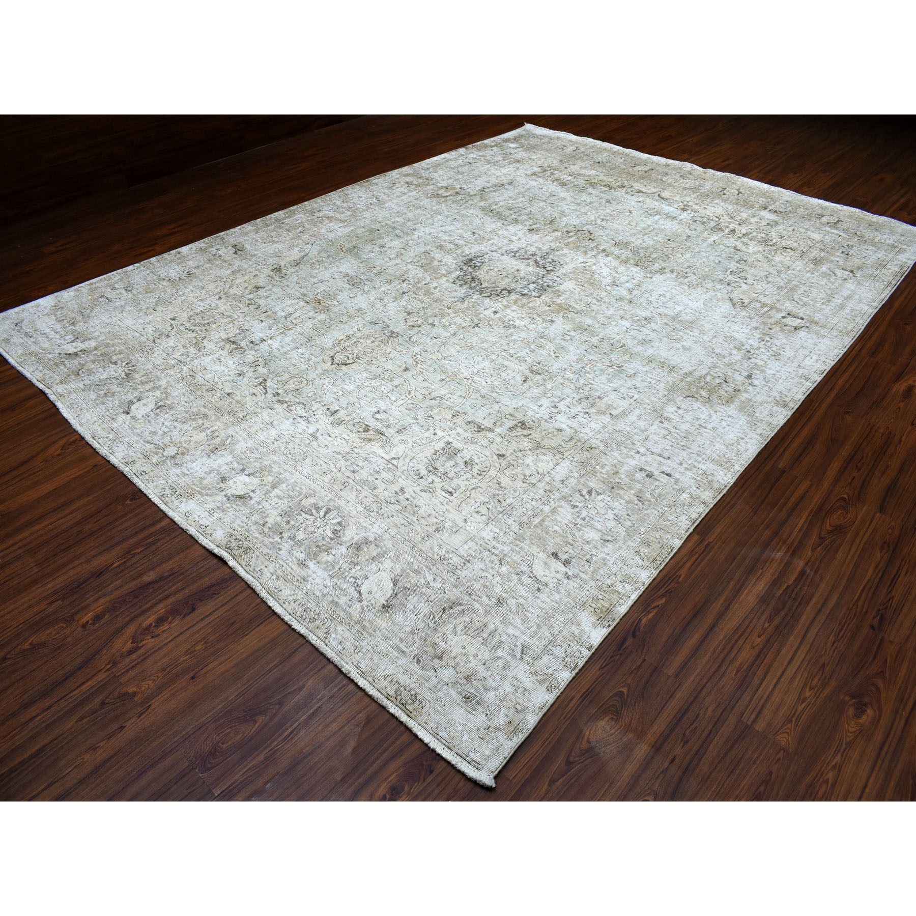 9'8"x13' Gray Vintage Persian Tabriz Worn Pile Hand Knotted Oriental Rug