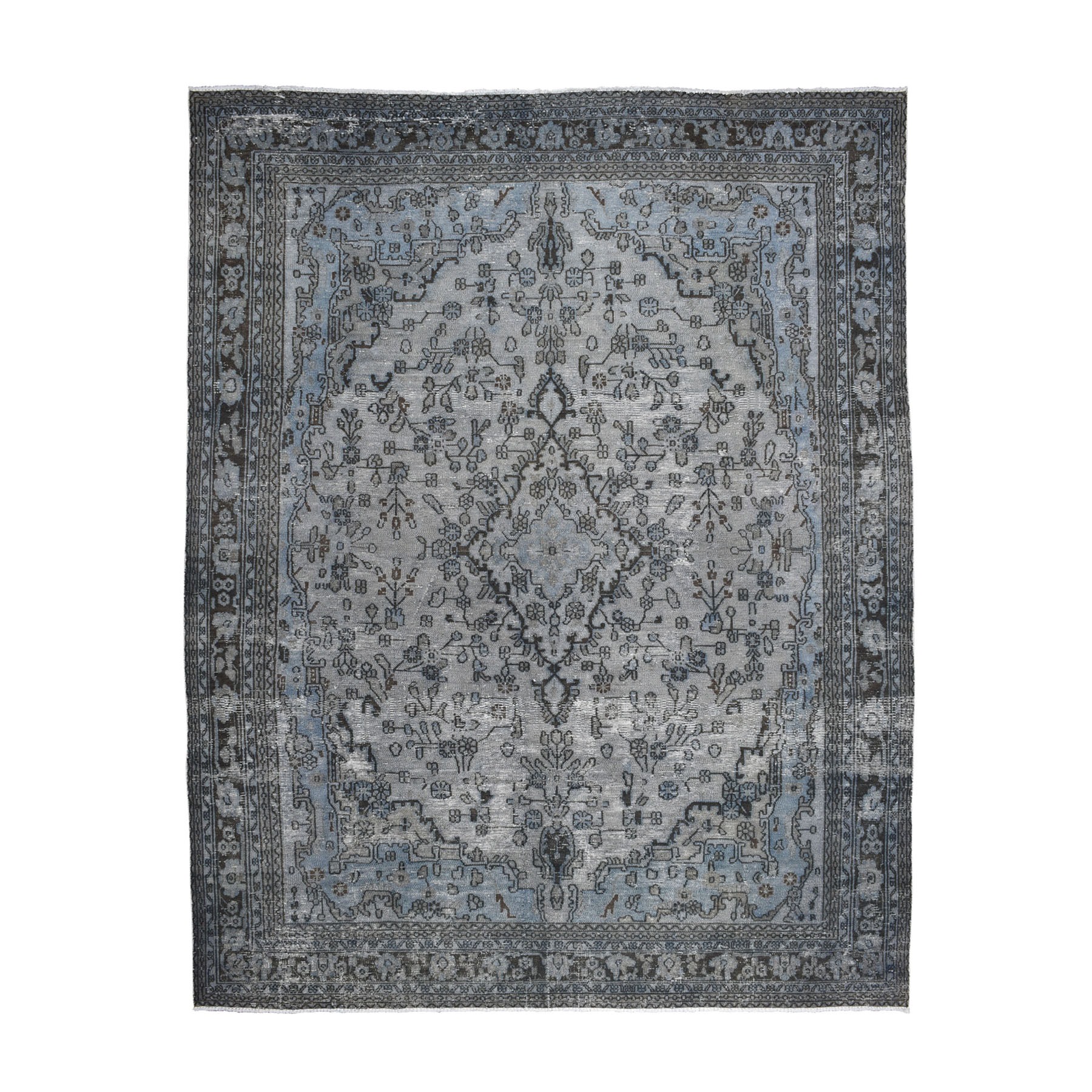 8'6"x11'2" Gray Overdyed Vintage Persian Tabriz Worn Pile Hand Knotted Oriental Rug