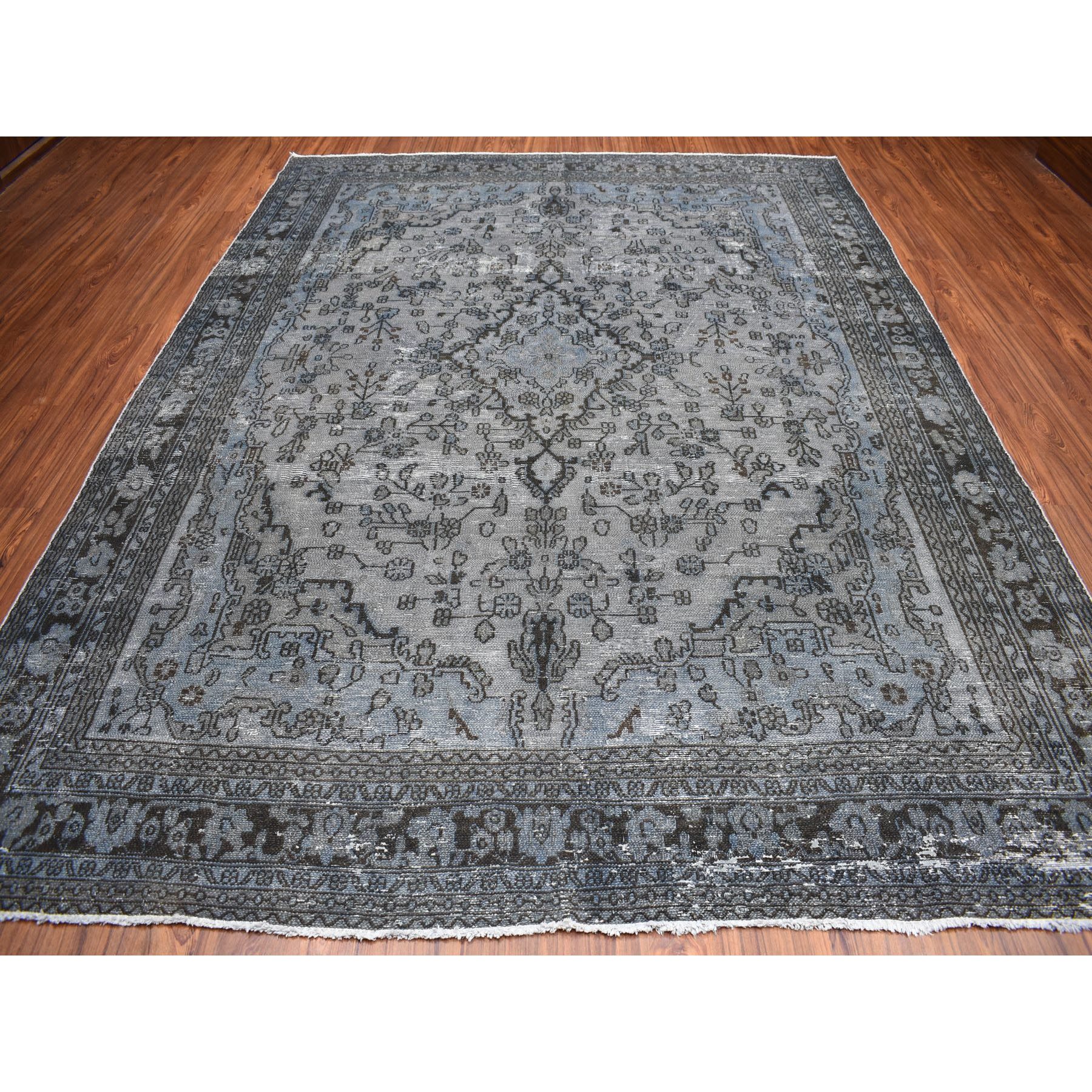 8'6"x11'2" Gray Overdyed Vintage Persian Tabriz Worn Pile Hand Knotted Oriental Rug