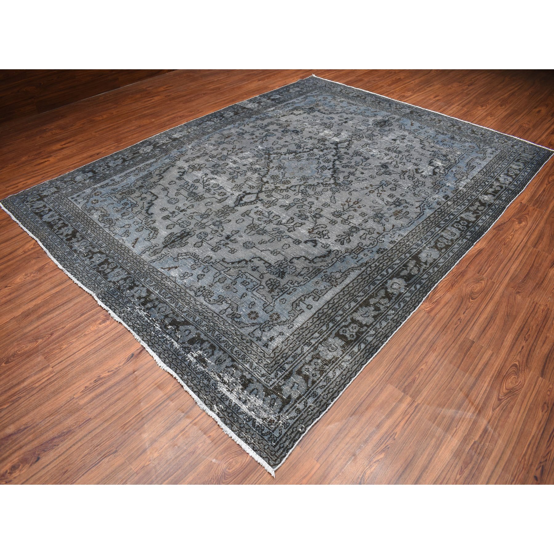 8'6"x11'2" Gray Overdyed Vintage Persian Tabriz Worn Pile Hand Knotted Oriental Rug