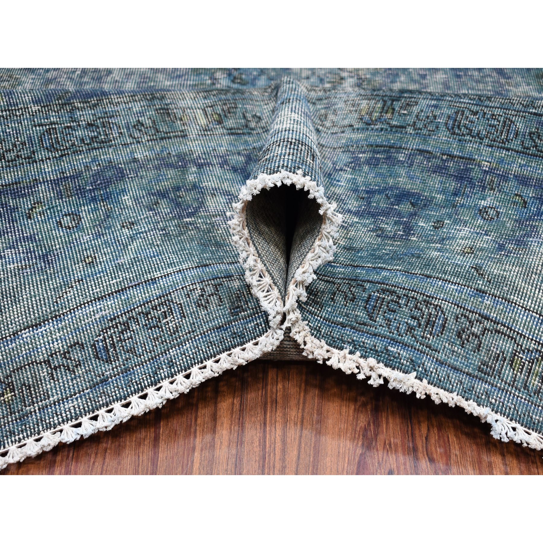 8-x11-1  Blue Vintage Persian Tabriz Worn Pile Hand Knotted Oriental Rug 