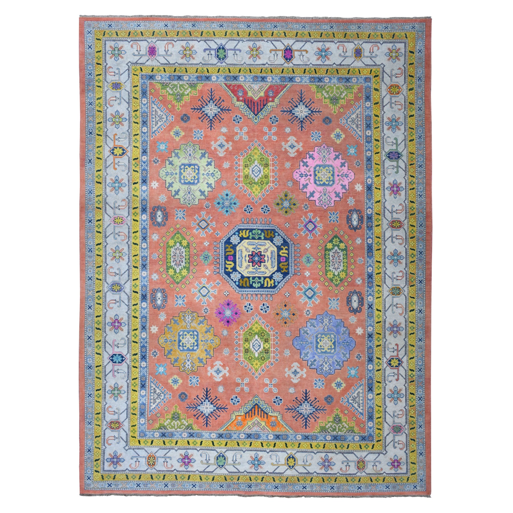 8'10"x11'9" Colorful Coral Fusion Kazak Pure Wool Hand Knotted Oriental Rug