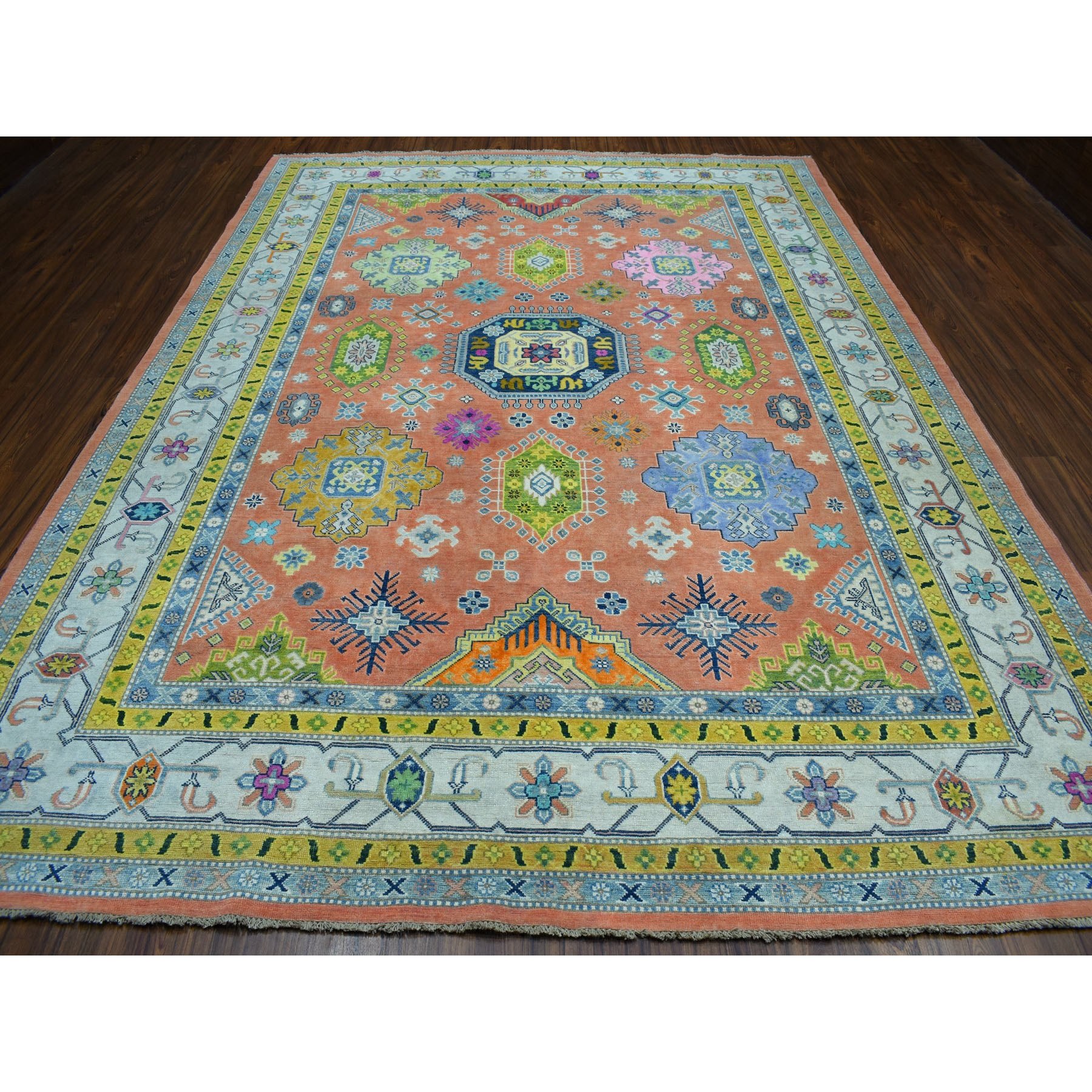8'10"x11'9" Colorful Coral Fusion Kazak Pure Wool Hand Knotted Oriental Rug