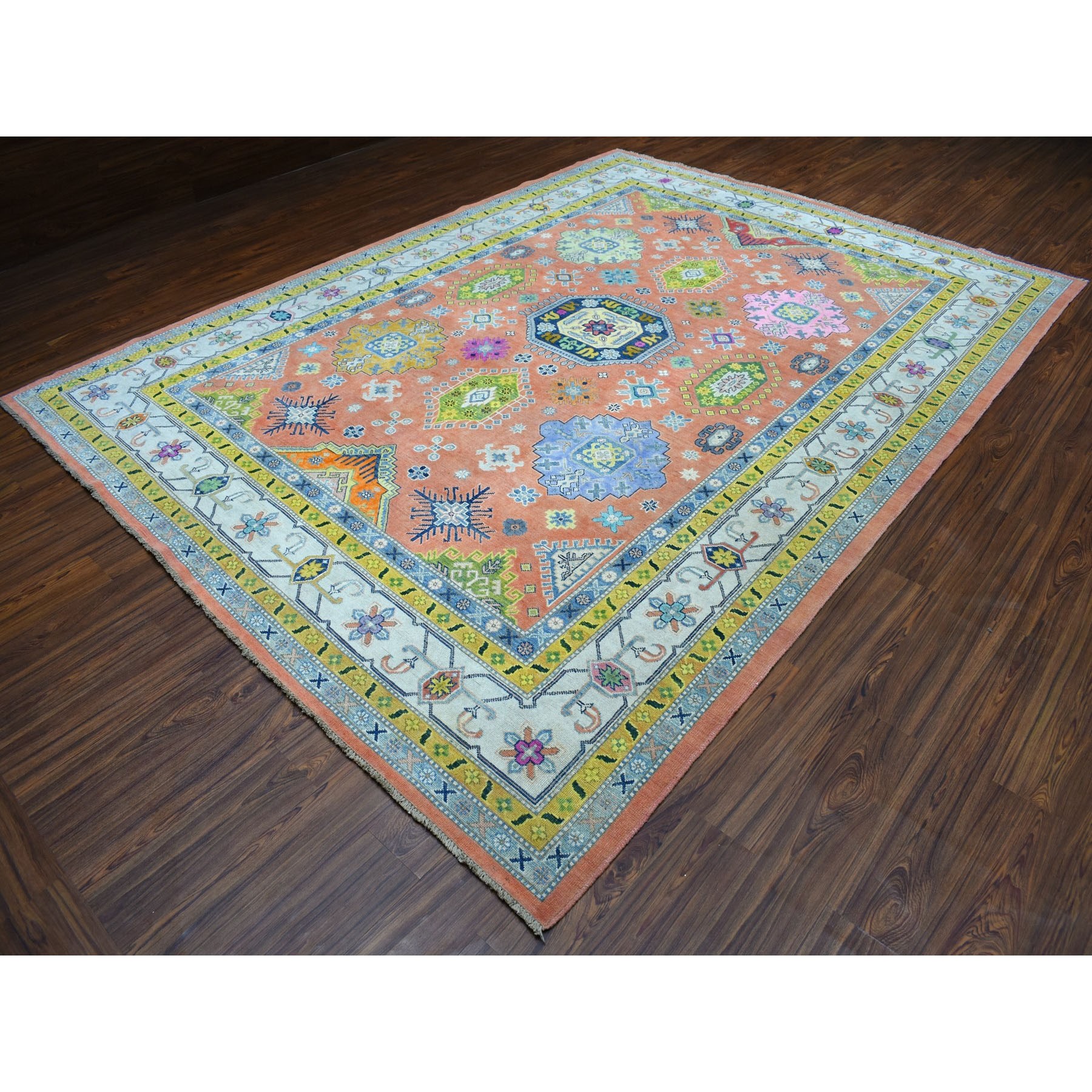8'10"x11'9" Colorful Coral Fusion Kazak Pure Wool Hand Knotted Oriental Rug