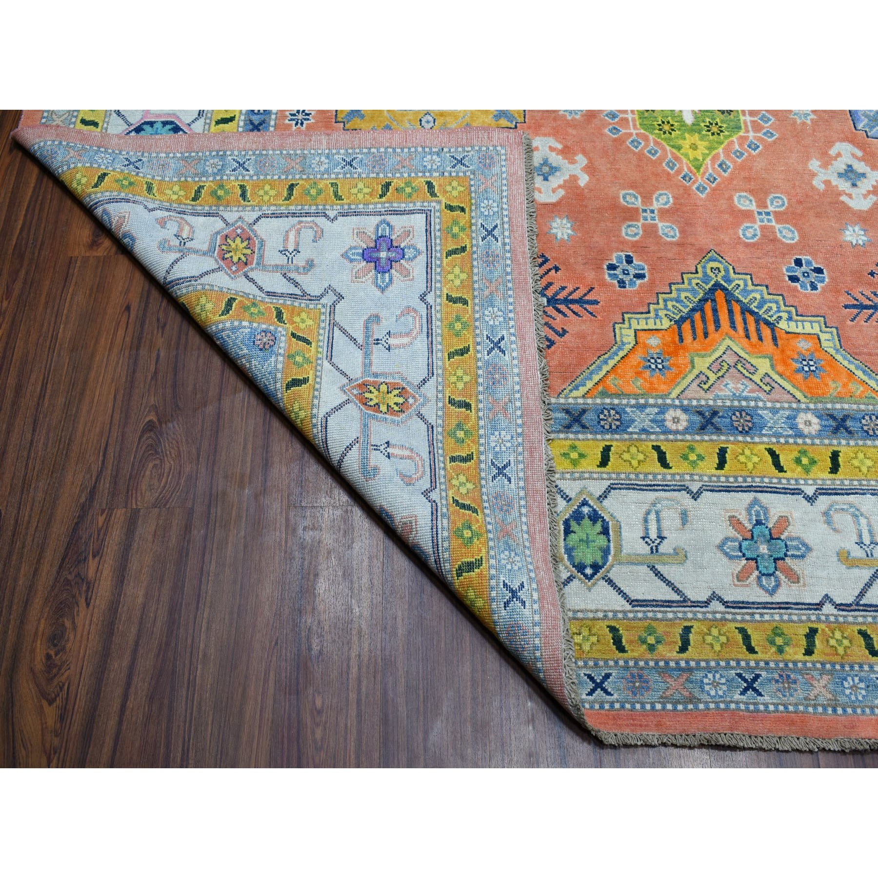 8'10"x11'9" Colorful Coral Fusion Kazak Pure Wool Hand Knotted Oriental Rug