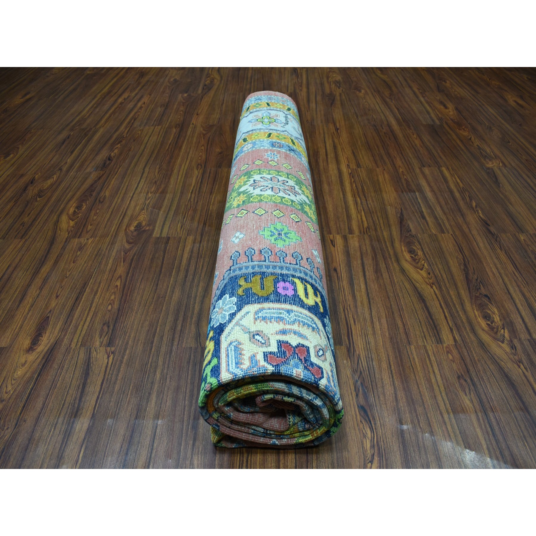 8'10"x11'9" Colorful Coral Fusion Kazak Pure Wool Hand Knotted Oriental Rug
