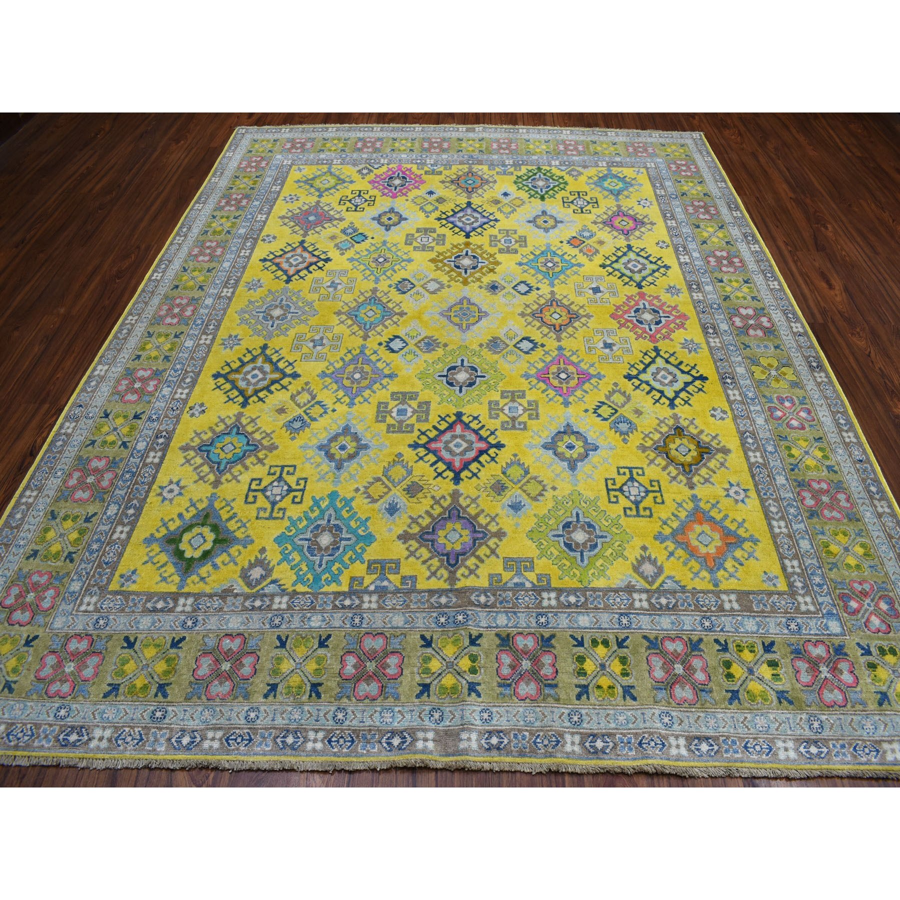 8'x10' Colorful Yellow Fusion Kazak Pure Wool Geometric Design Hand Knotted Oriental Rug