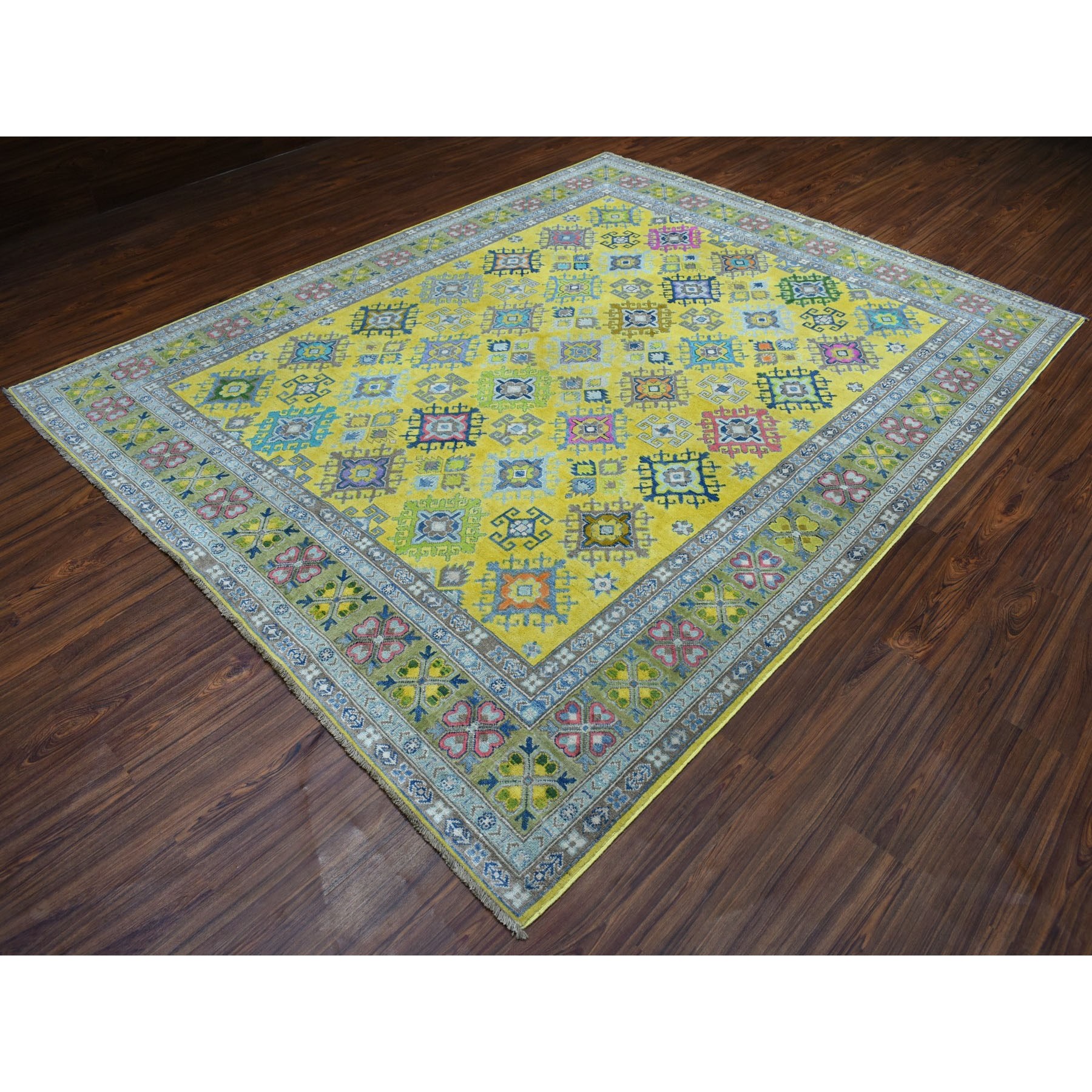8'x10' Colorful Yellow Fusion Kazak Pure Wool Geometric Design Hand Knotted Oriental Rug