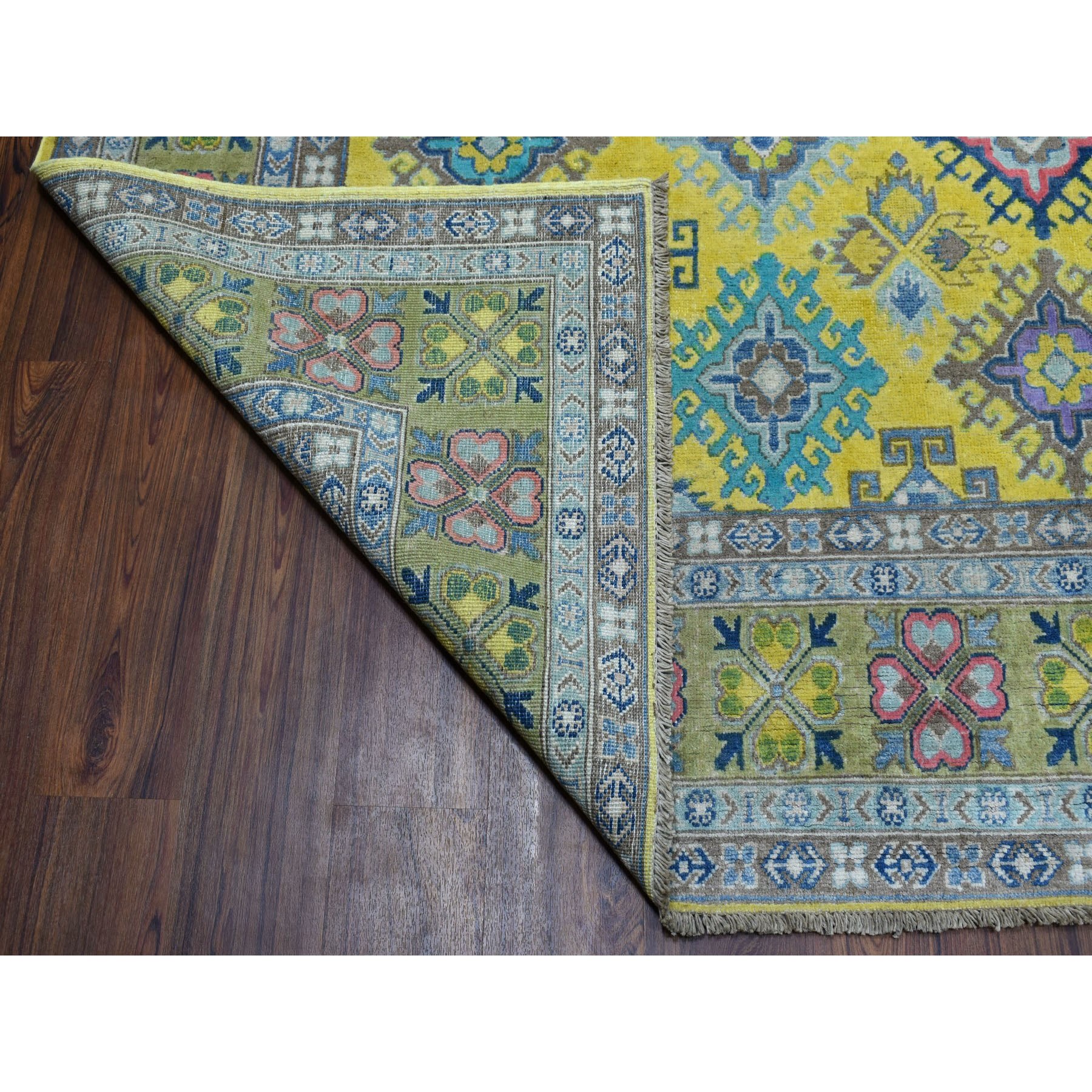 8'x10' Colorful Yellow Fusion Kazak Pure Wool Geometric Design Hand Knotted Oriental Rug