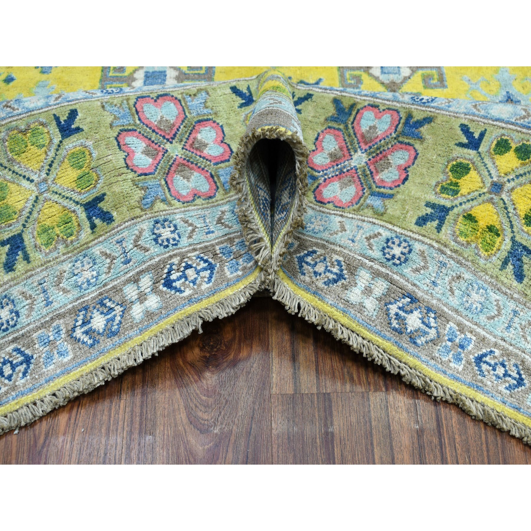 8'x10' Colorful Yellow Fusion Kazak Pure Wool Geometric Design Hand Knotted Oriental Rug