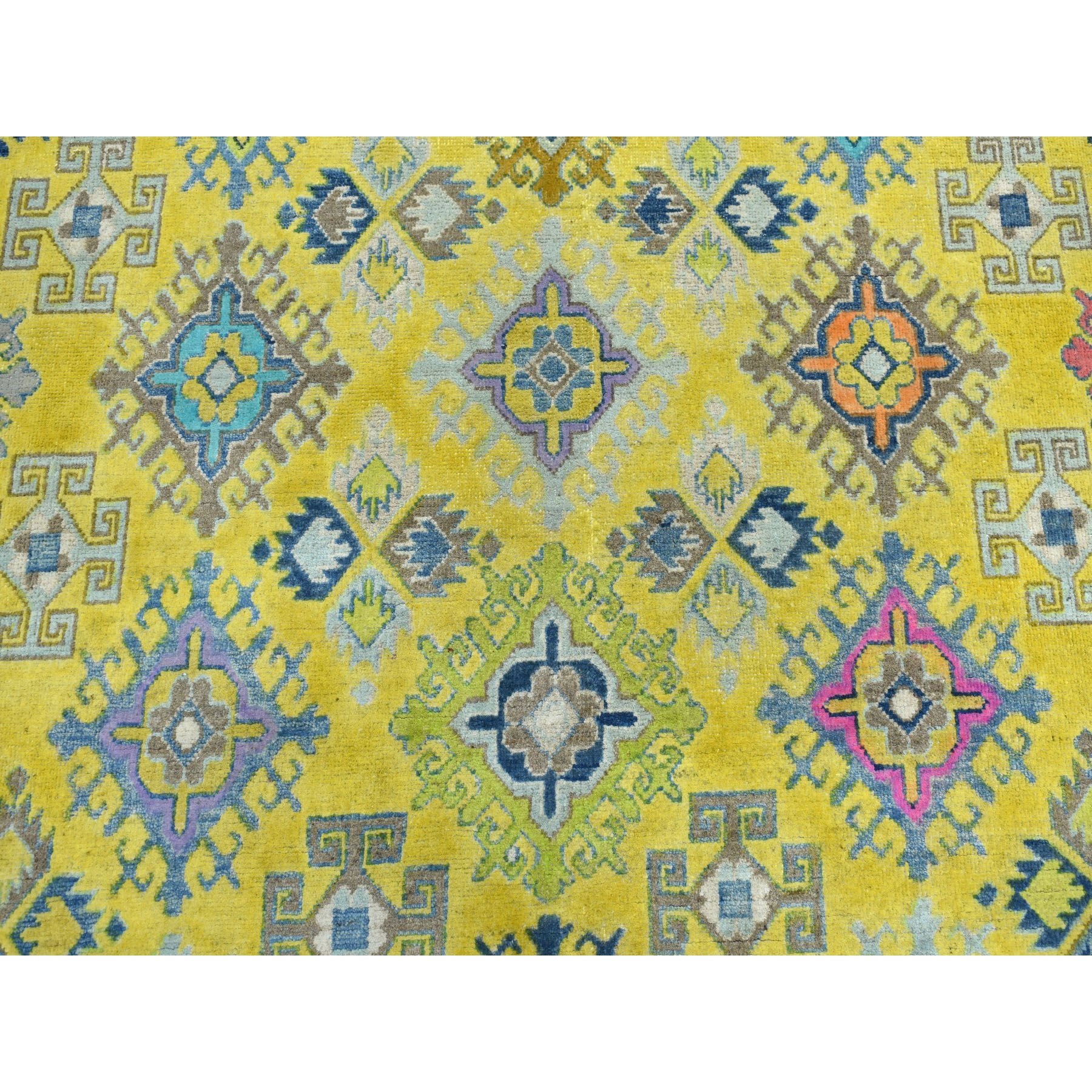 8'x10' Colorful Yellow Fusion Kazak Pure Wool Geometric Design Hand Knotted Oriental Rug
