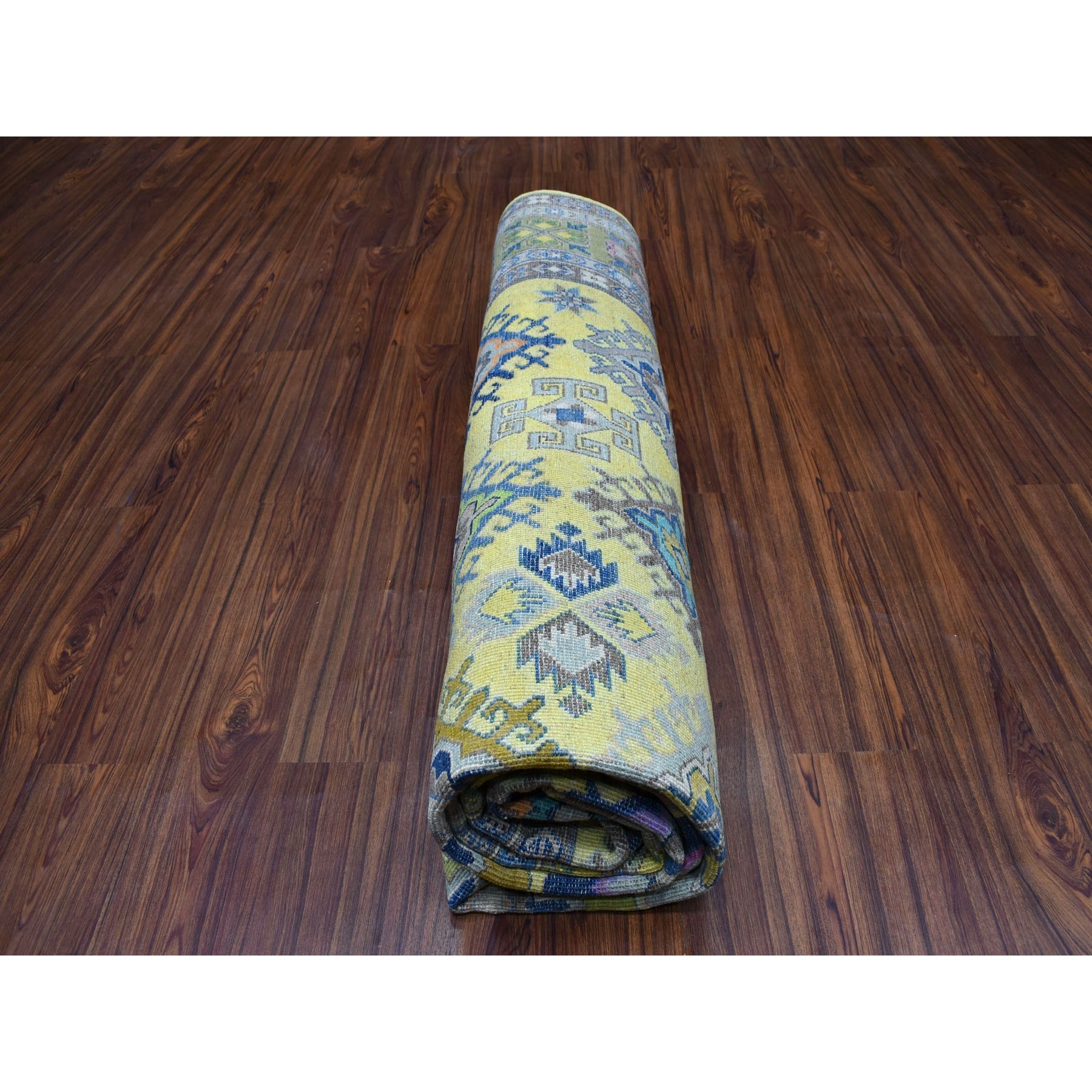 8'x10' Colorful Yellow Fusion Kazak Pure Wool Geometric Design Hand Knotted Oriental Rug