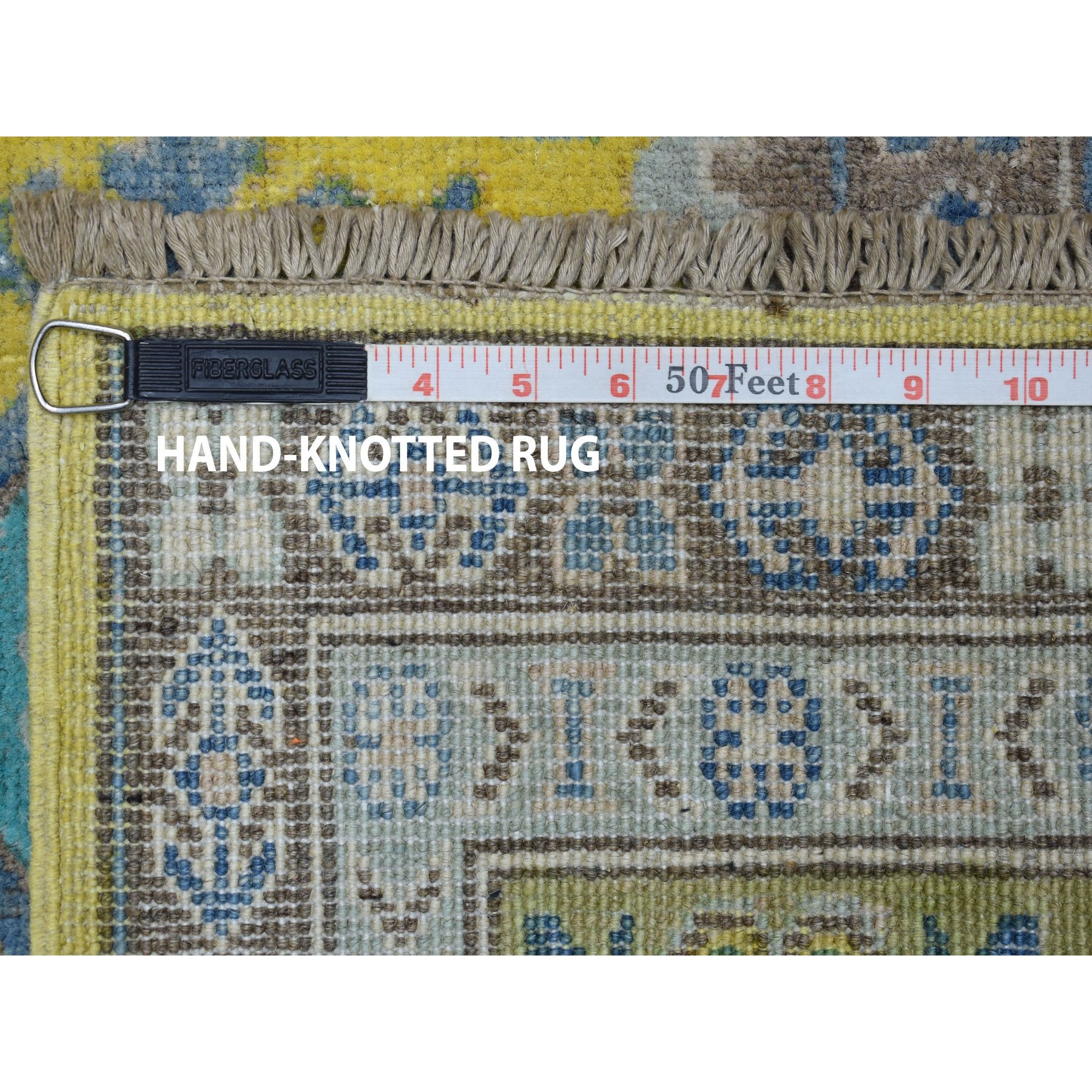 8'x10' Colorful Yellow Fusion Kazak Pure Wool Geometric Design Hand Knotted Oriental Rug