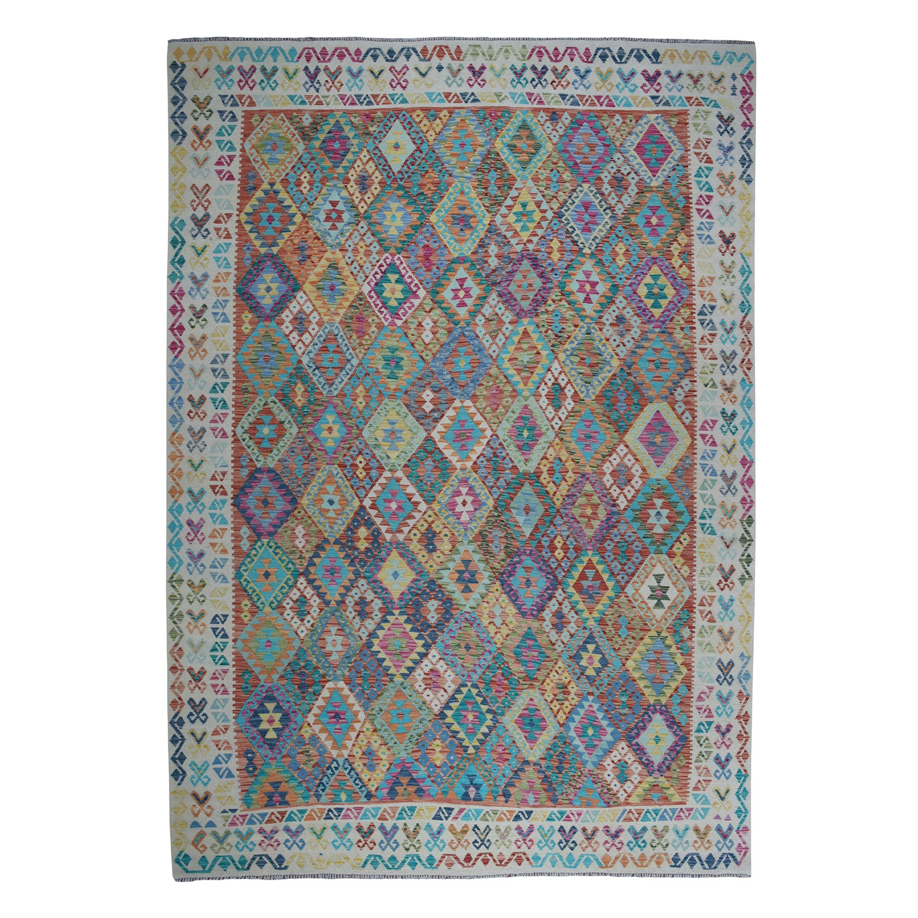 9'10"x13'1" Veggie Dyes Afghan Kilim Pure Wool Hand Woven Oriental Rug