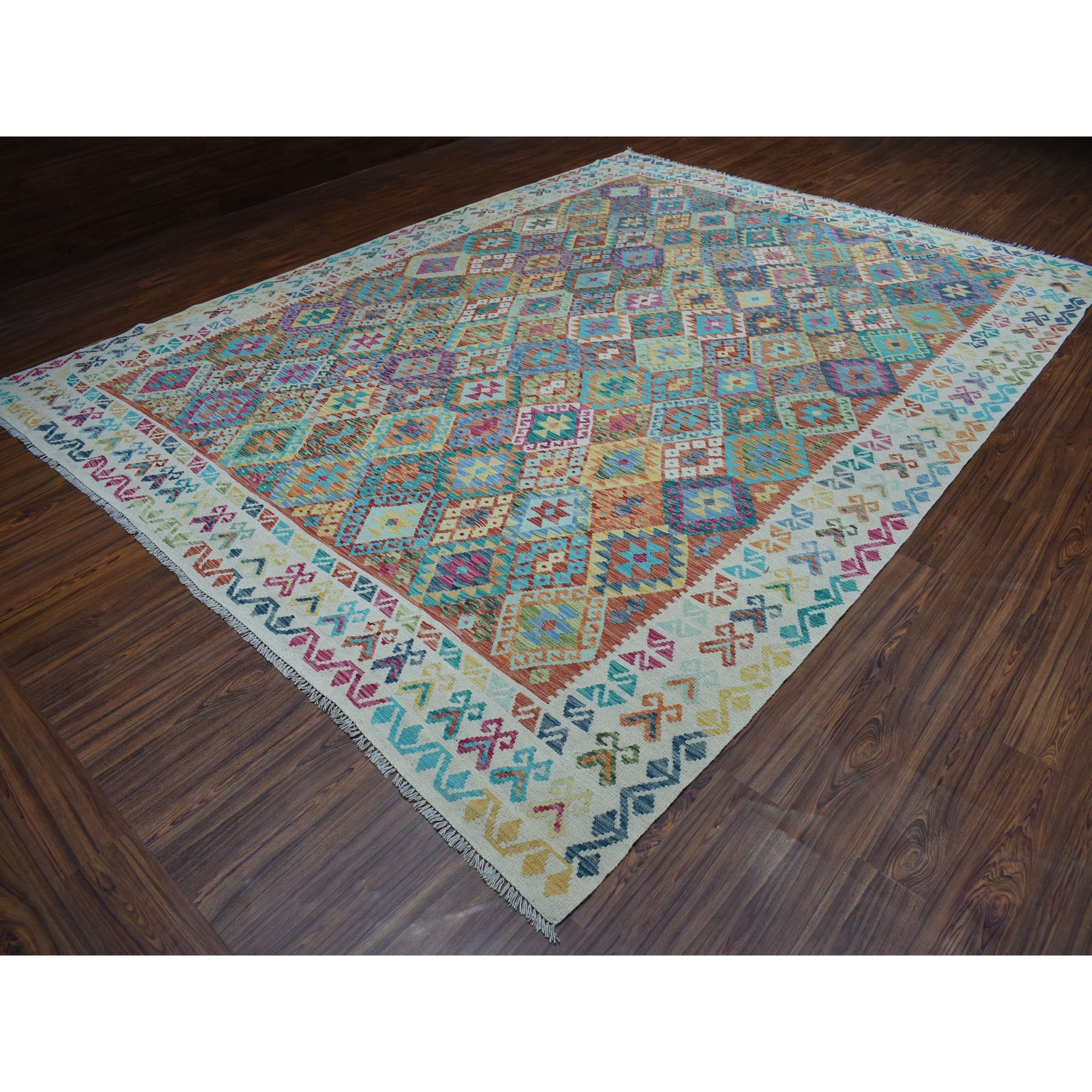 9'10"x13'1" Veggie Dyes Afghan Kilim Pure Wool Hand Woven Oriental Rug