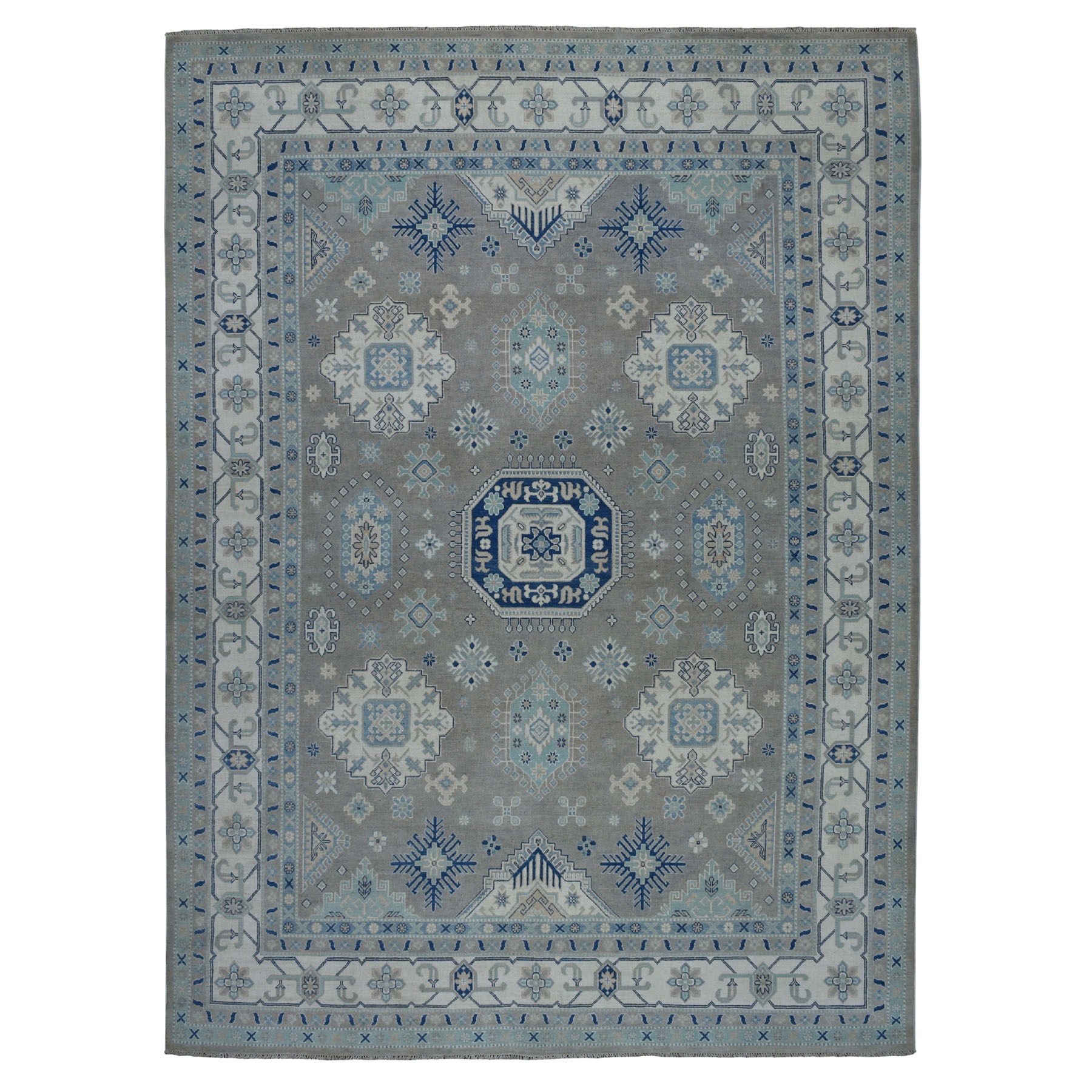 8'9"x12' Gray Vintage Look Kazak Geometric Design Pure Wool Hand Knotted Oriental Rug