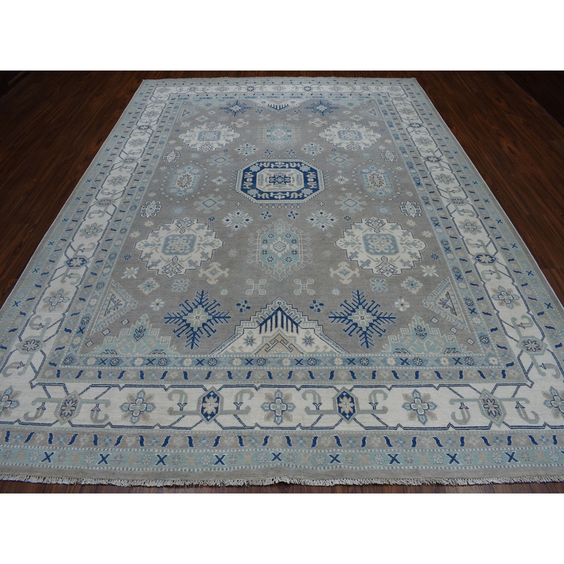 8'9"x12' Gray Vintage Look Kazak Geometric Design Pure Wool Hand Knotted Oriental Rug