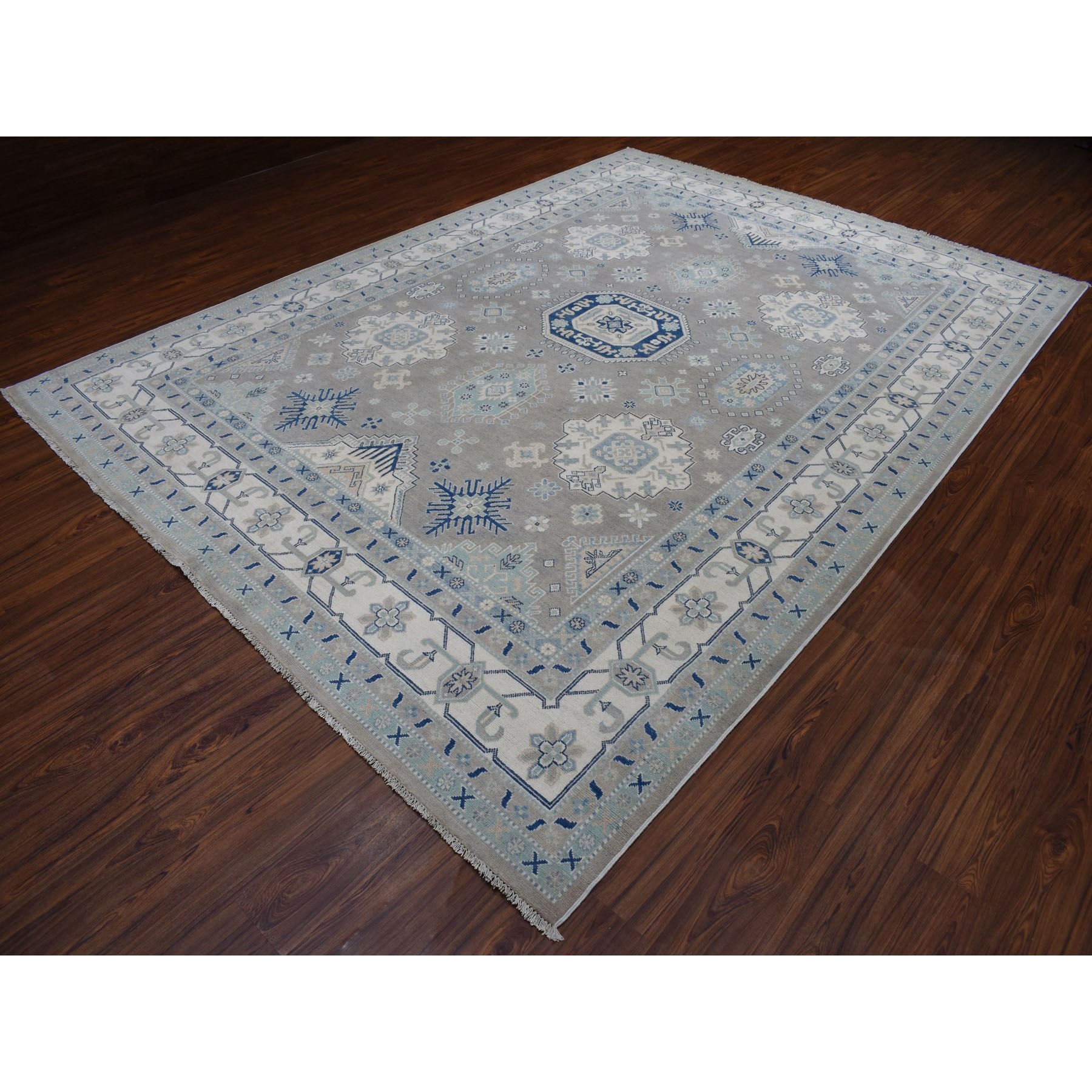 8'9"x12' Gray Vintage Look Kazak Geometric Design Pure Wool Hand Knotted Oriental Rug