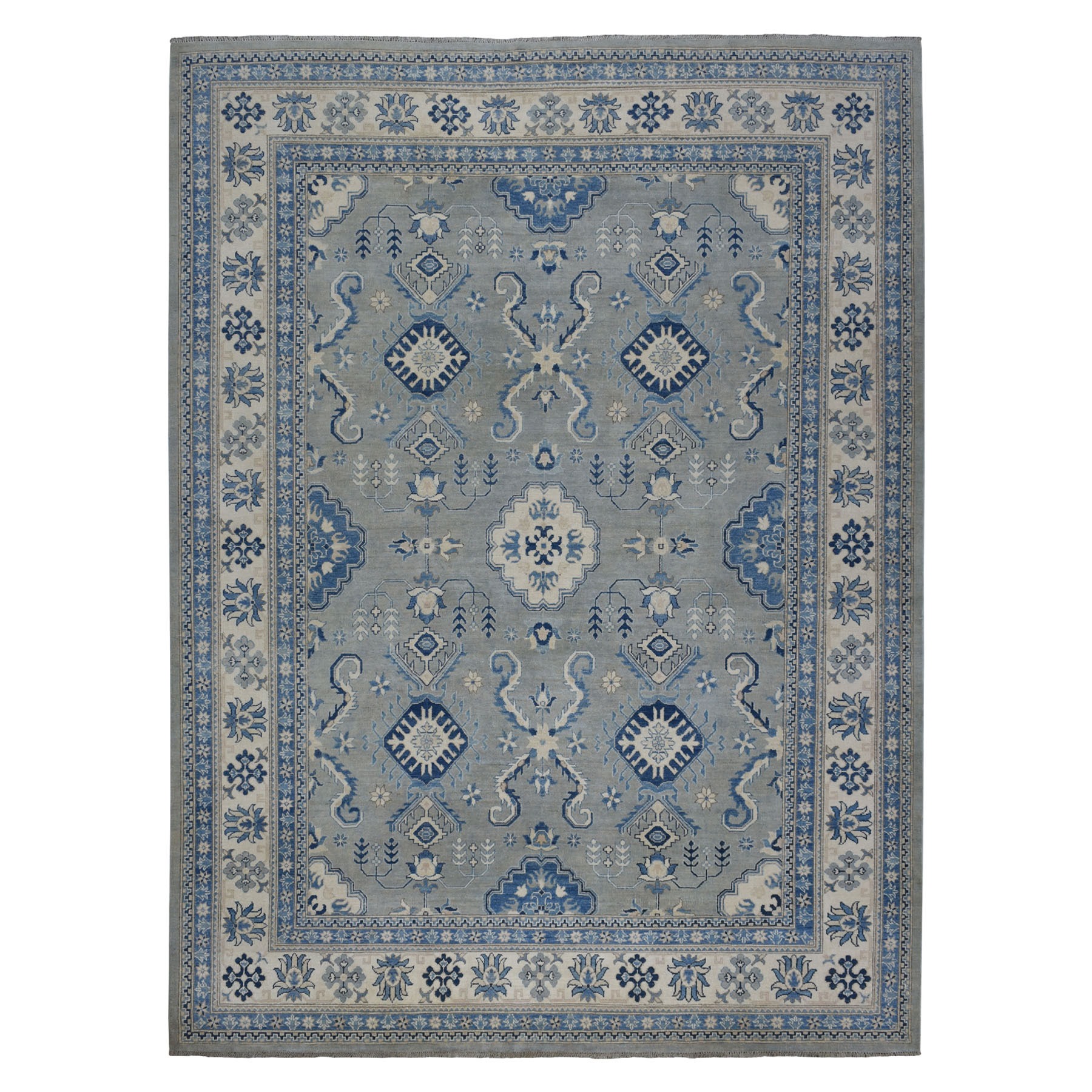8'10"x11'5" Gray Vintage Look Kazak Geometric Design Pure Wool Hand Knotted Oriental Rug