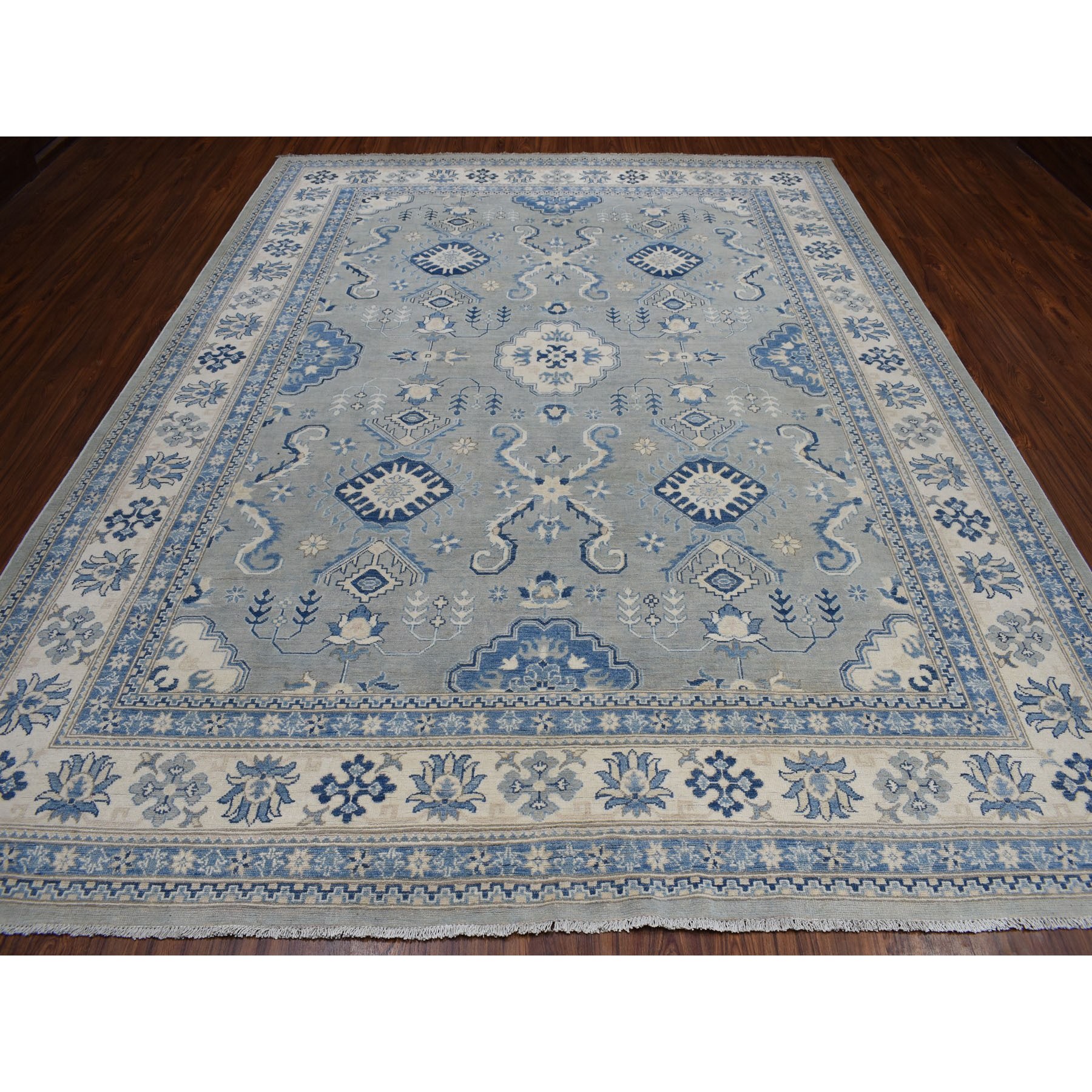 8'10"x11'5" Gray Vintage Look Kazak Geometric Design Pure Wool Hand Knotted Oriental Rug