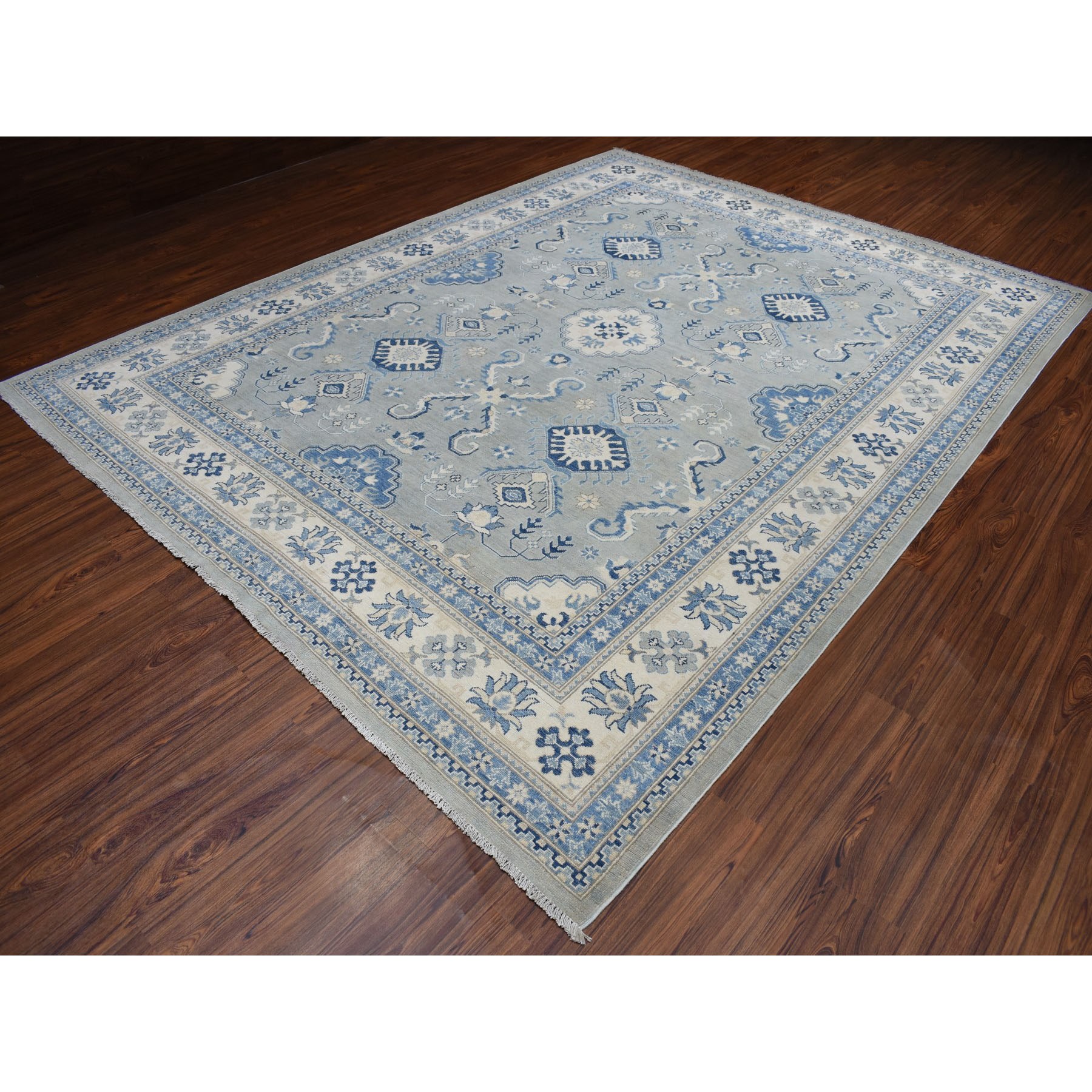 8'10"x11'5" Gray Vintage Look Kazak Geometric Design Pure Wool Hand Knotted Oriental Rug