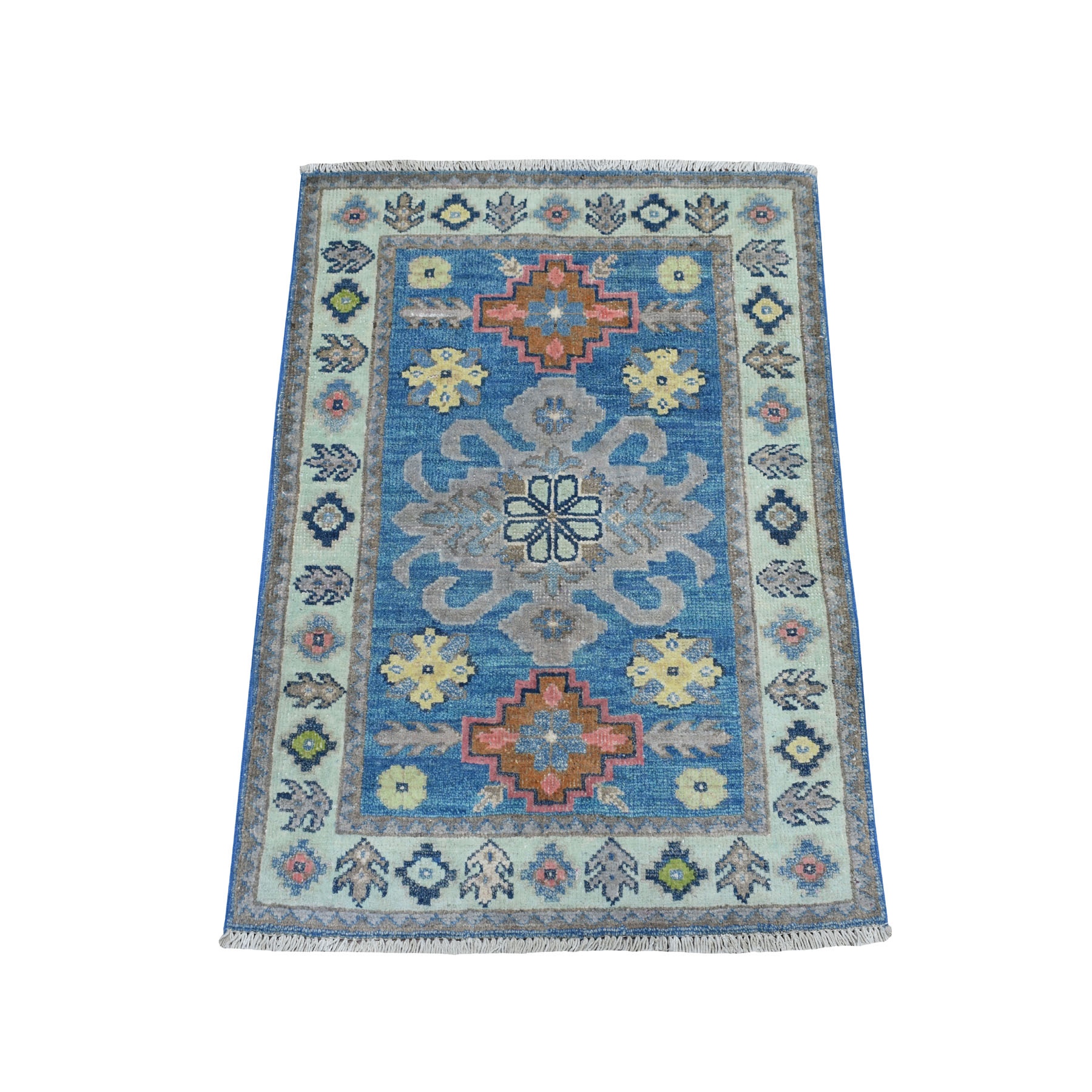 2'1"X2'9" Colorful Blue Fusion Kazak Pure Wool Hand Knotted Oriental Rug moaebcd8