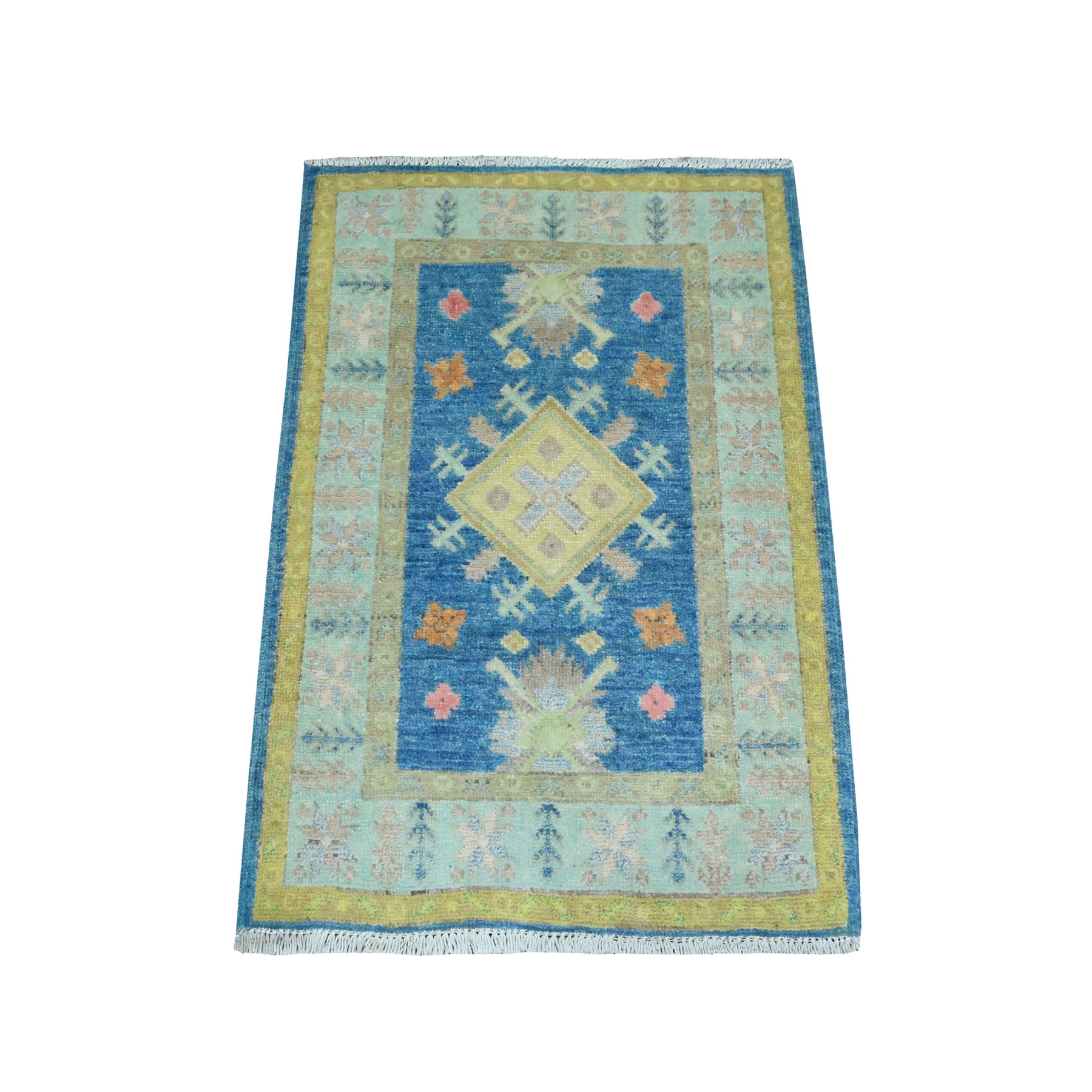 2-x2-9  Colorful Blue Fusion Kazak Pure Wool Hand Knotted Oriental Rug 