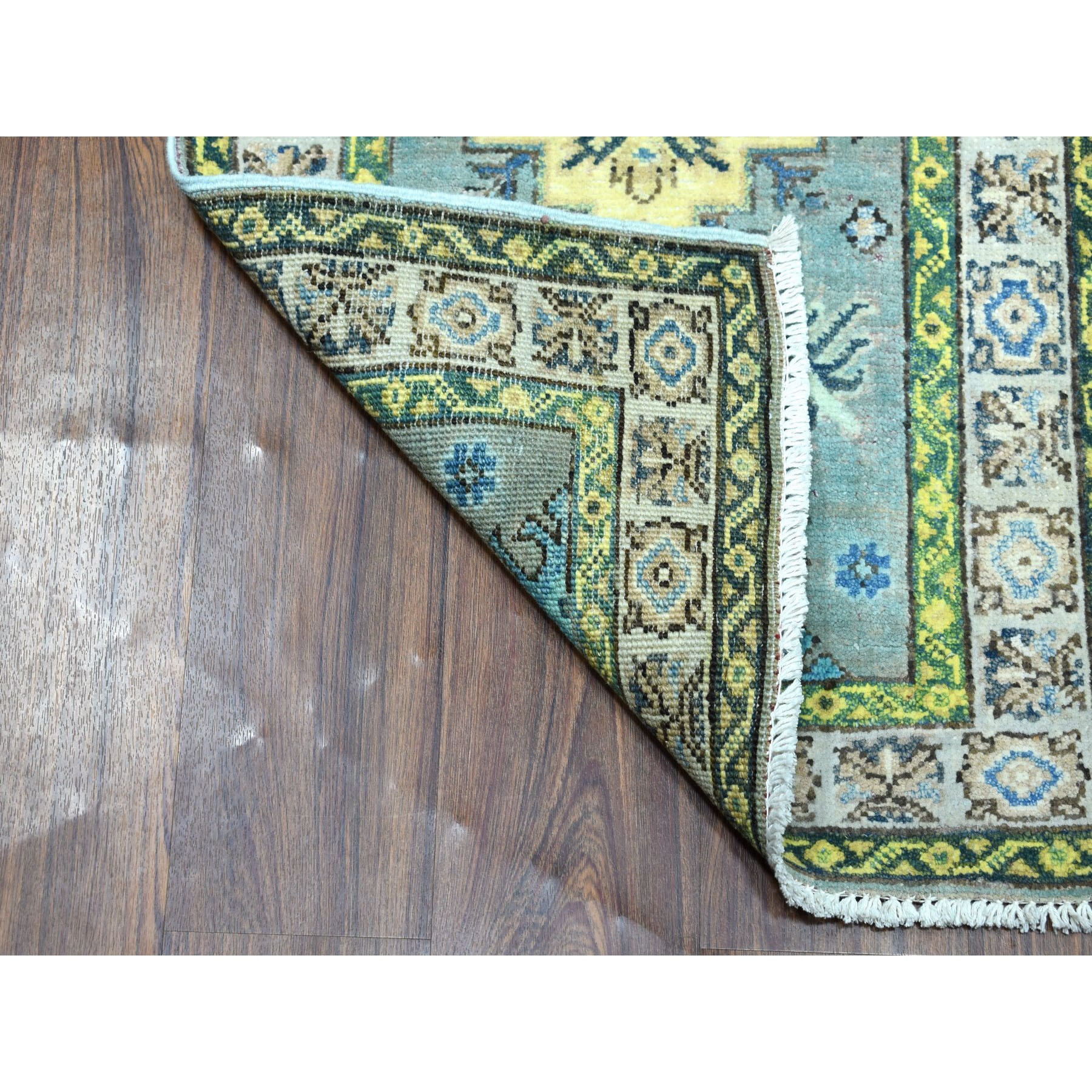 2-x3- Colorful Green Fusion Kazak Pure Wool Hand Knotted Oriental Rug 