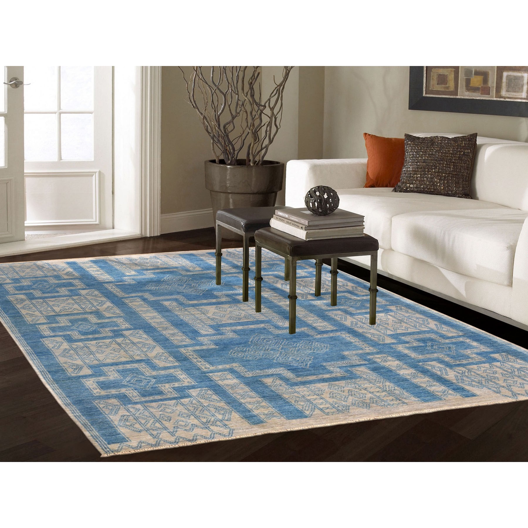 6-x8-9  Blue Hand Knotted Pure Wool Peshawar with Southwestern Motifs Oriental Rug 