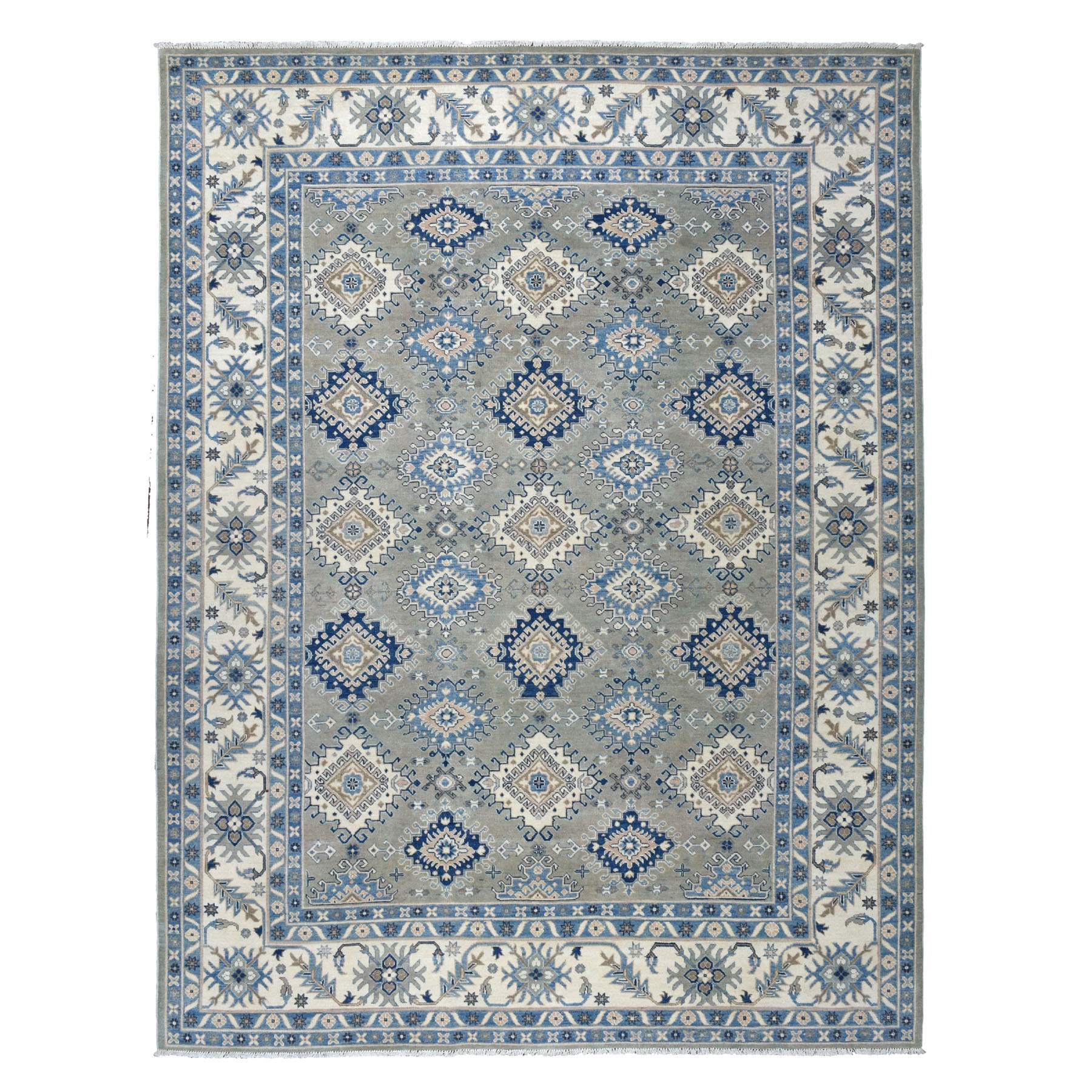 8'10"x11'5" Gray Vintage Look Kazak Geometric Design Pure Wool Hand Knotted Oriental Rug