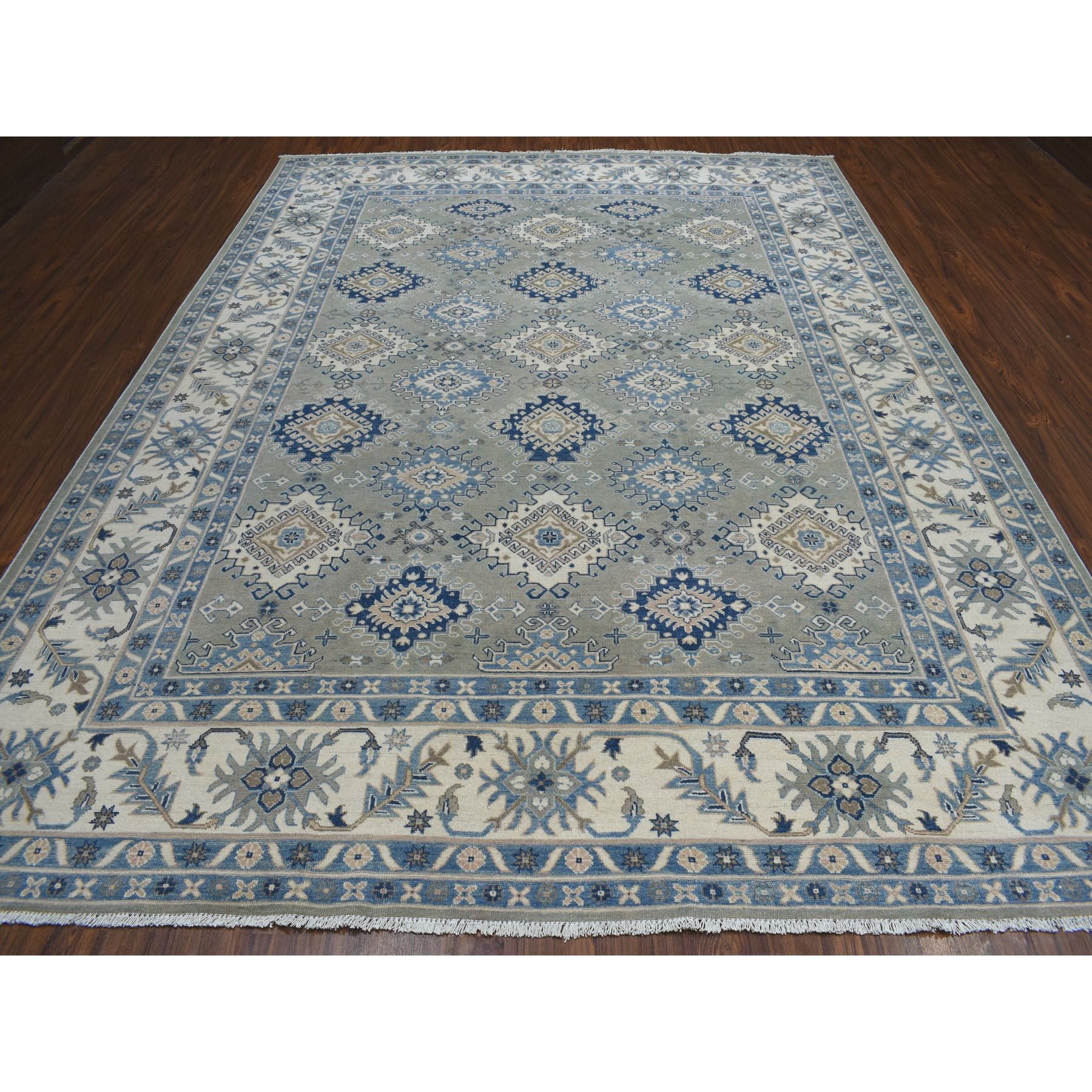 8'10"x11'5" Gray Vintage Look Kazak Geometric Design Pure Wool Hand Knotted Oriental Rug