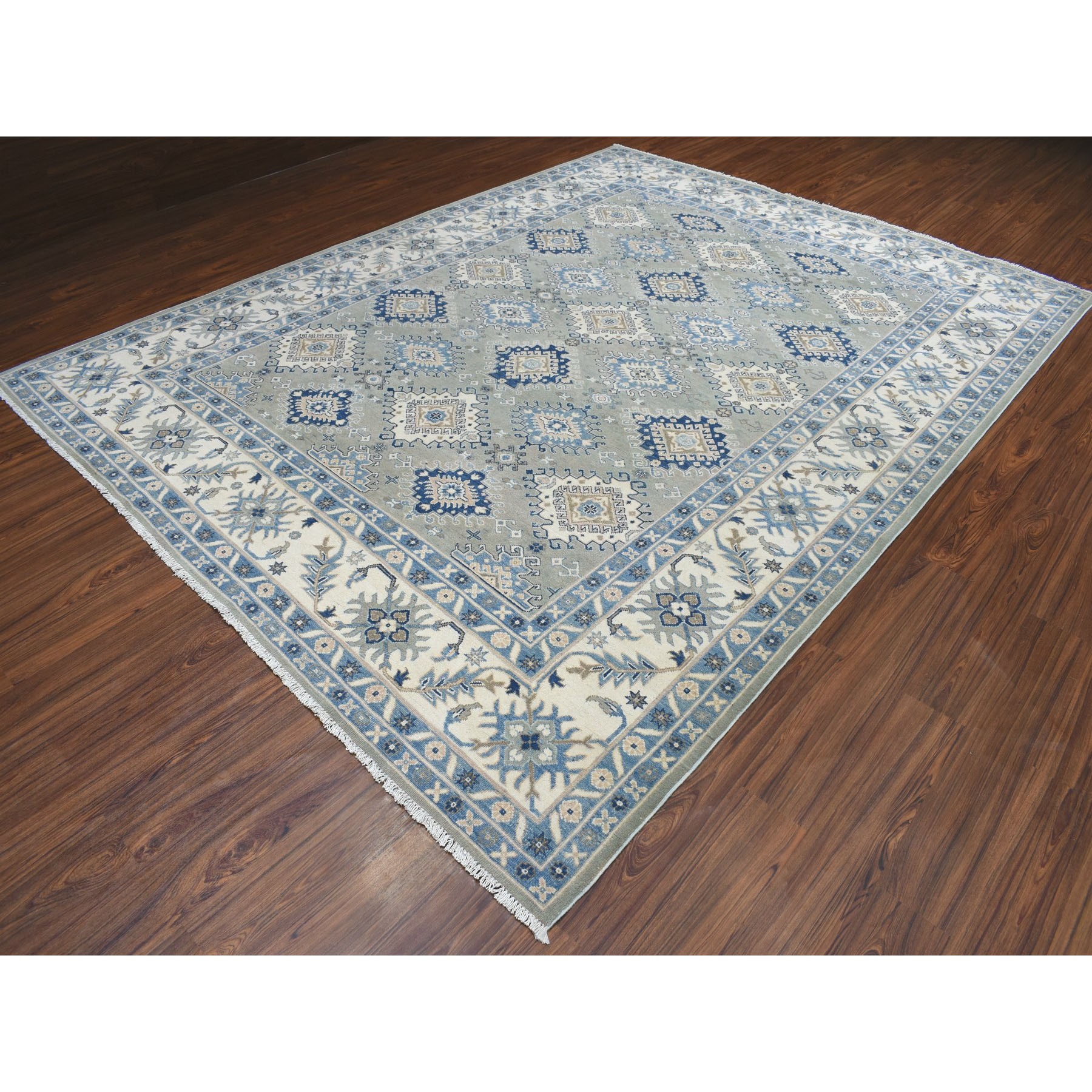 8'10"x11'5" Gray Vintage Look Kazak Geometric Design Pure Wool Hand Knotted Oriental Rug