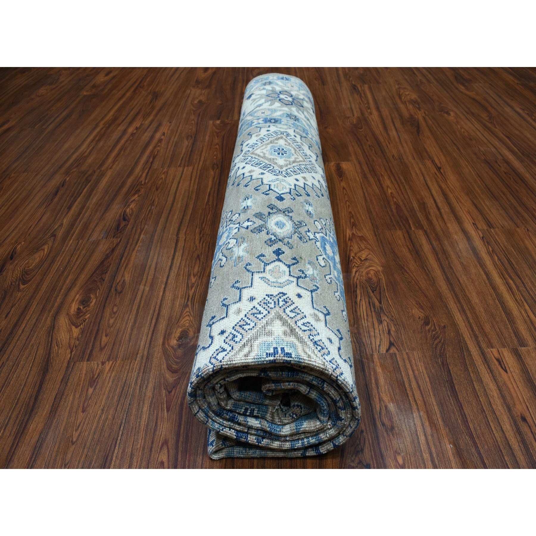 8'10"x11'5" Gray Vintage Look Kazak Geometric Design Pure Wool Hand Knotted Oriental Rug