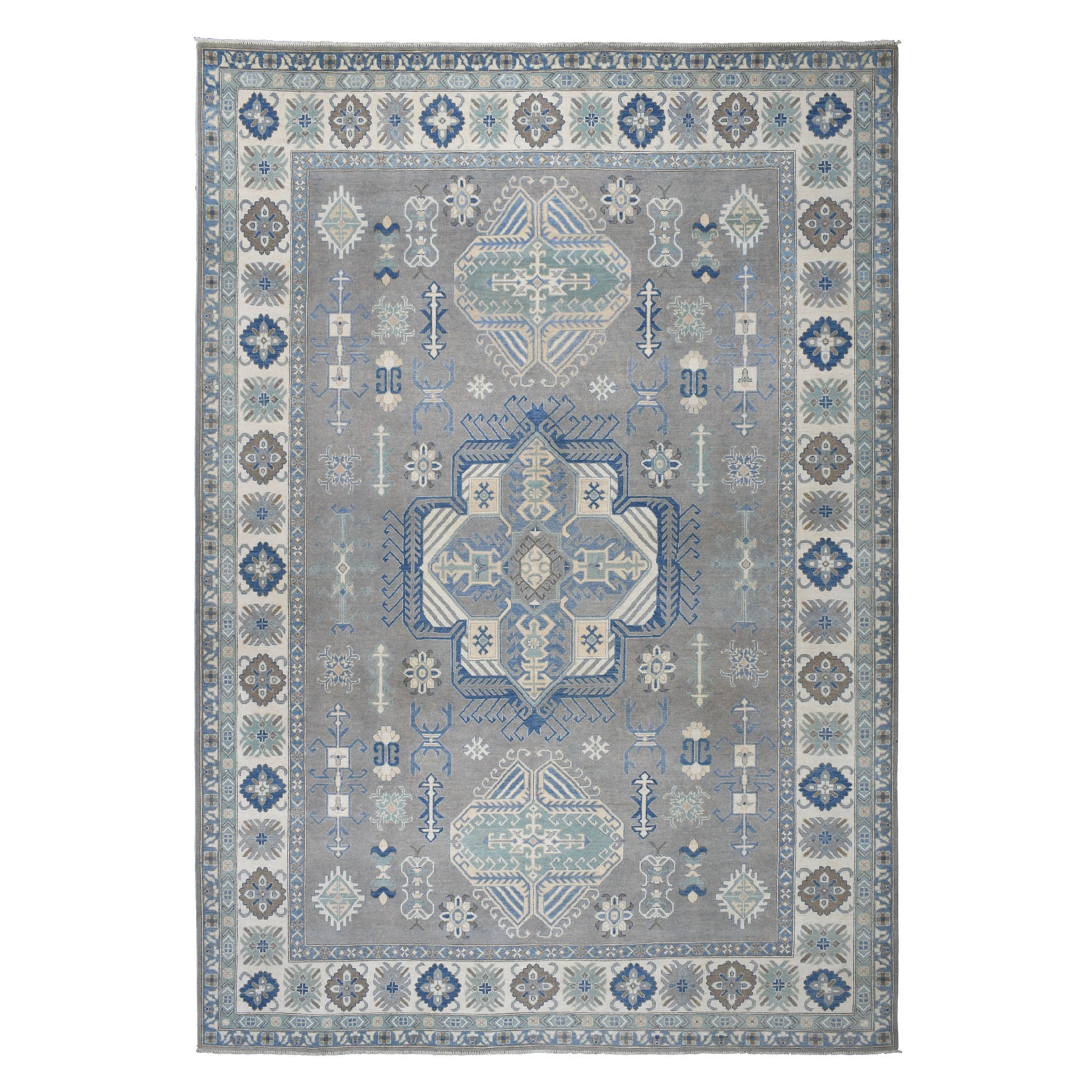 10'x14'1" Gray Vintage Look Kazak Geometric Design Pure Wool Hand Knotted Oriental Rug