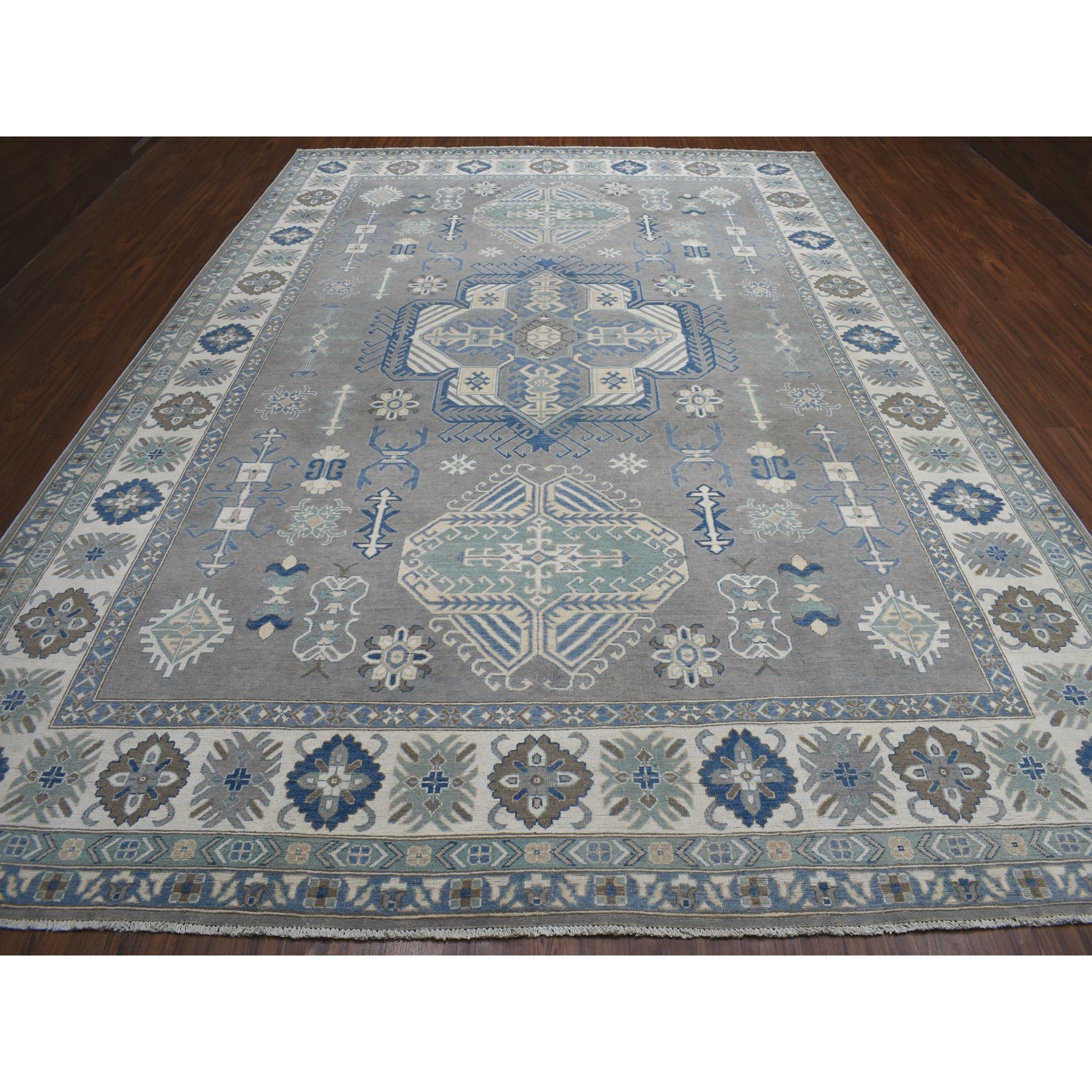 10'x14'1" Gray Vintage Look Kazak Geometric Design Pure Wool Hand Knotted Oriental Rug