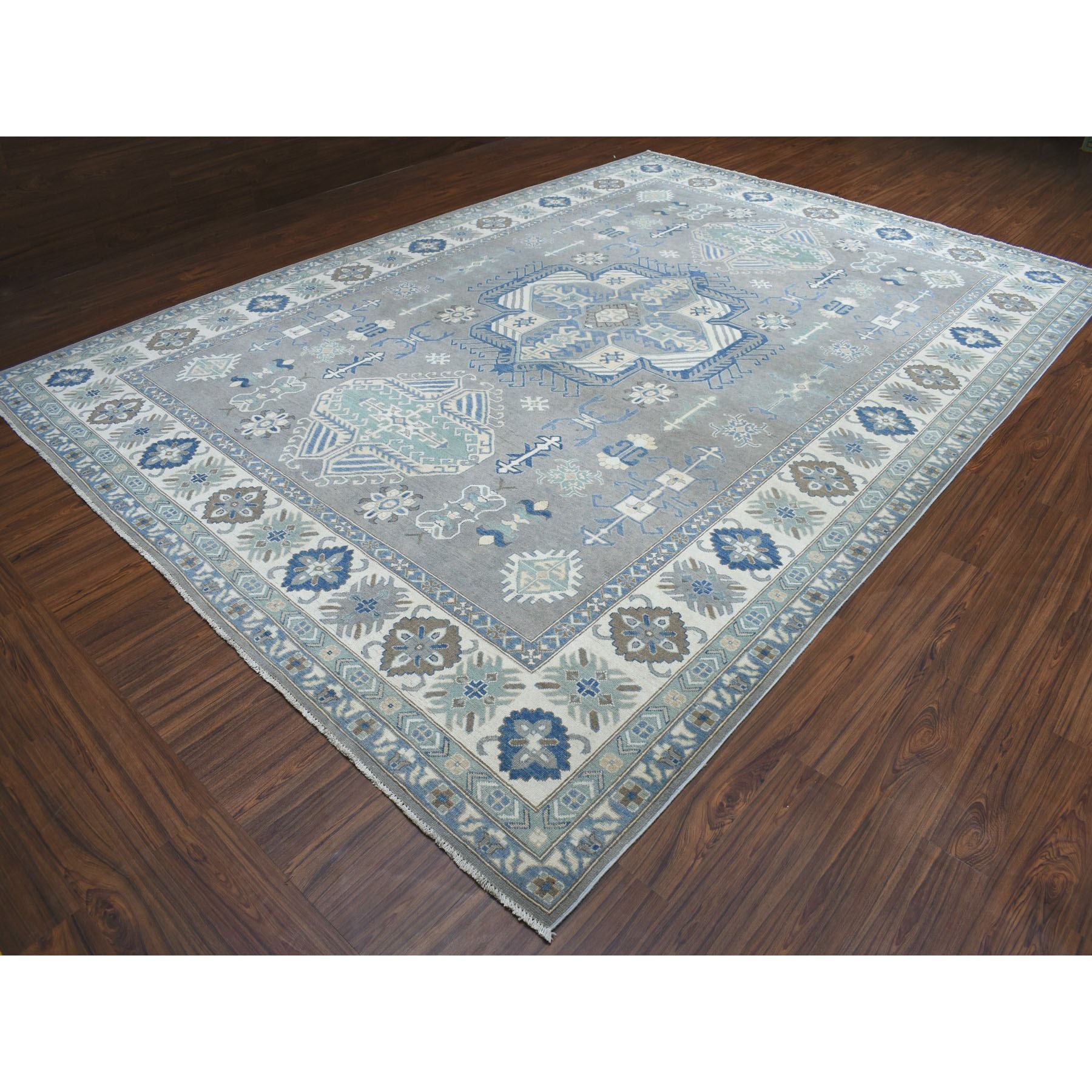 10'x14'1" Gray Vintage Look Kazak Geometric Design Pure Wool Hand Knotted Oriental Rug