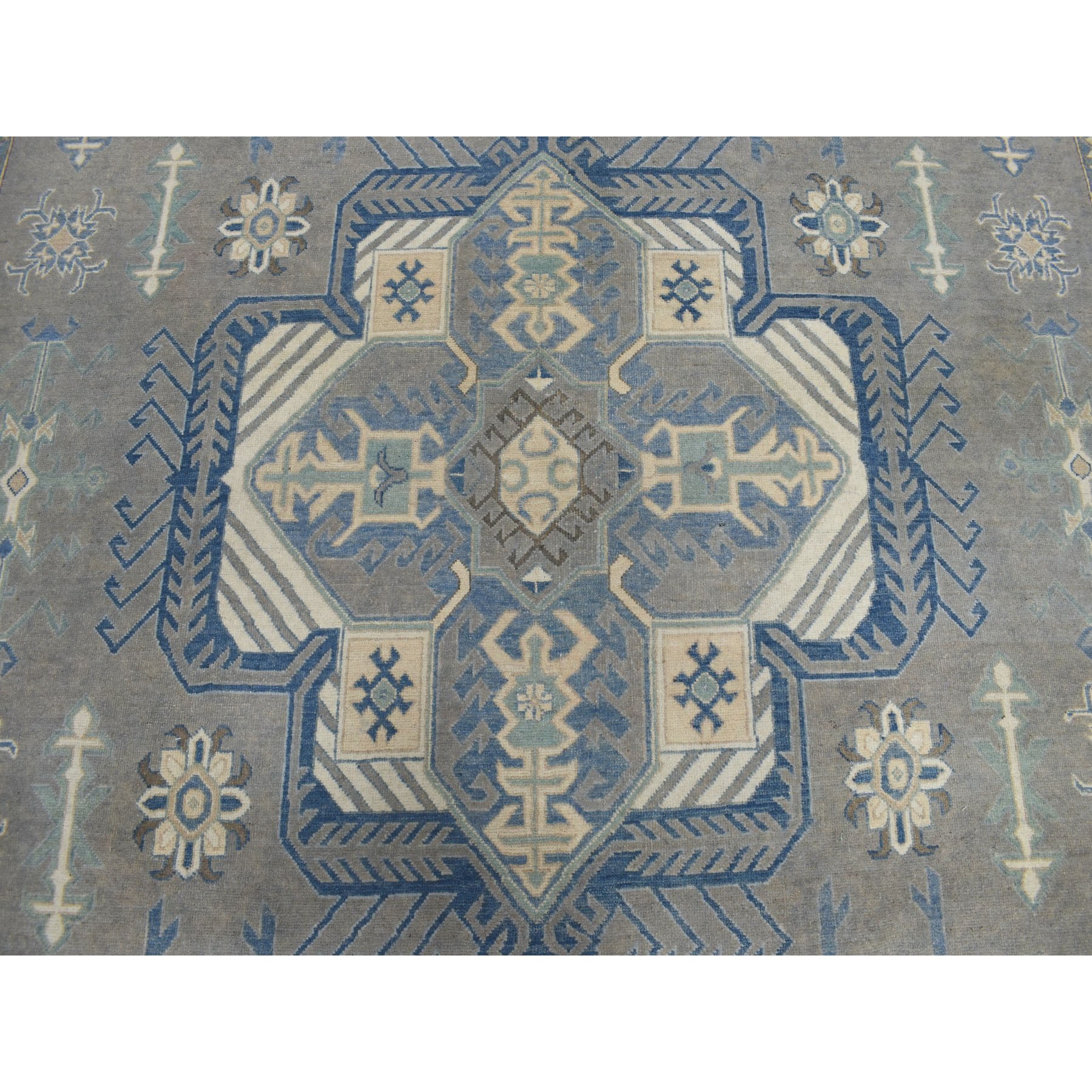 10'x14'1" Gray Vintage Look Kazak Geometric Design Pure Wool Hand Knotted Oriental Rug