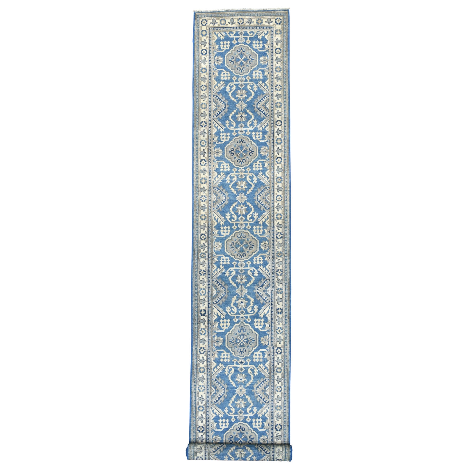 2'7"X18'5" Vintage Look Kazak Geometric Design Blue Xl Runner Pure Wool Hand Knotted Oriental Rug moaebe09